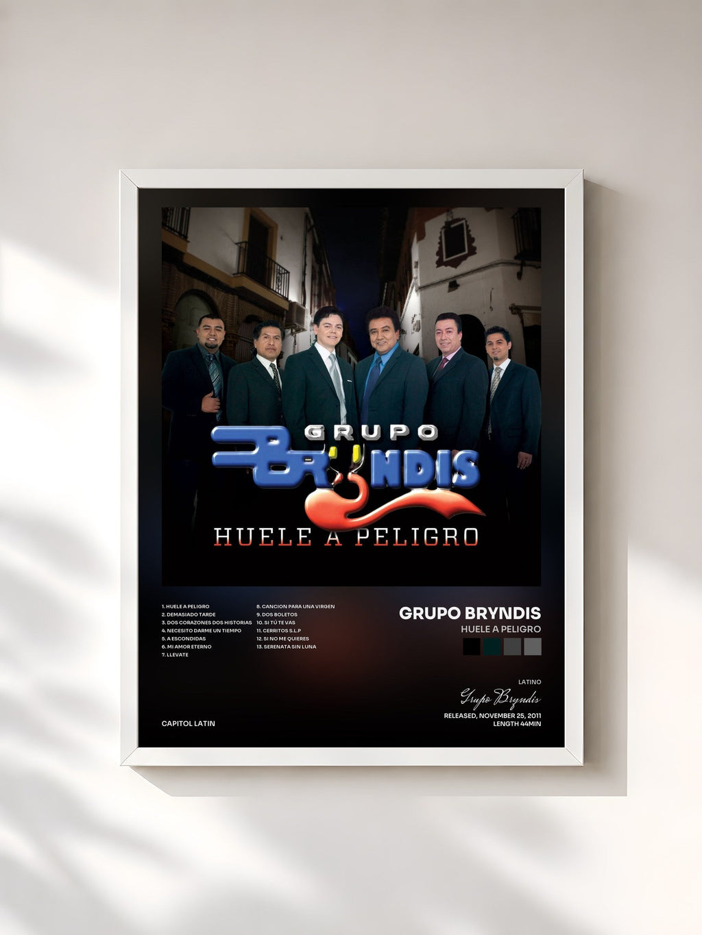 #blanc Tableau de l'album Huele a Peligro de Grupo Bryndis, cadre blanc, imprimé et encadré en France