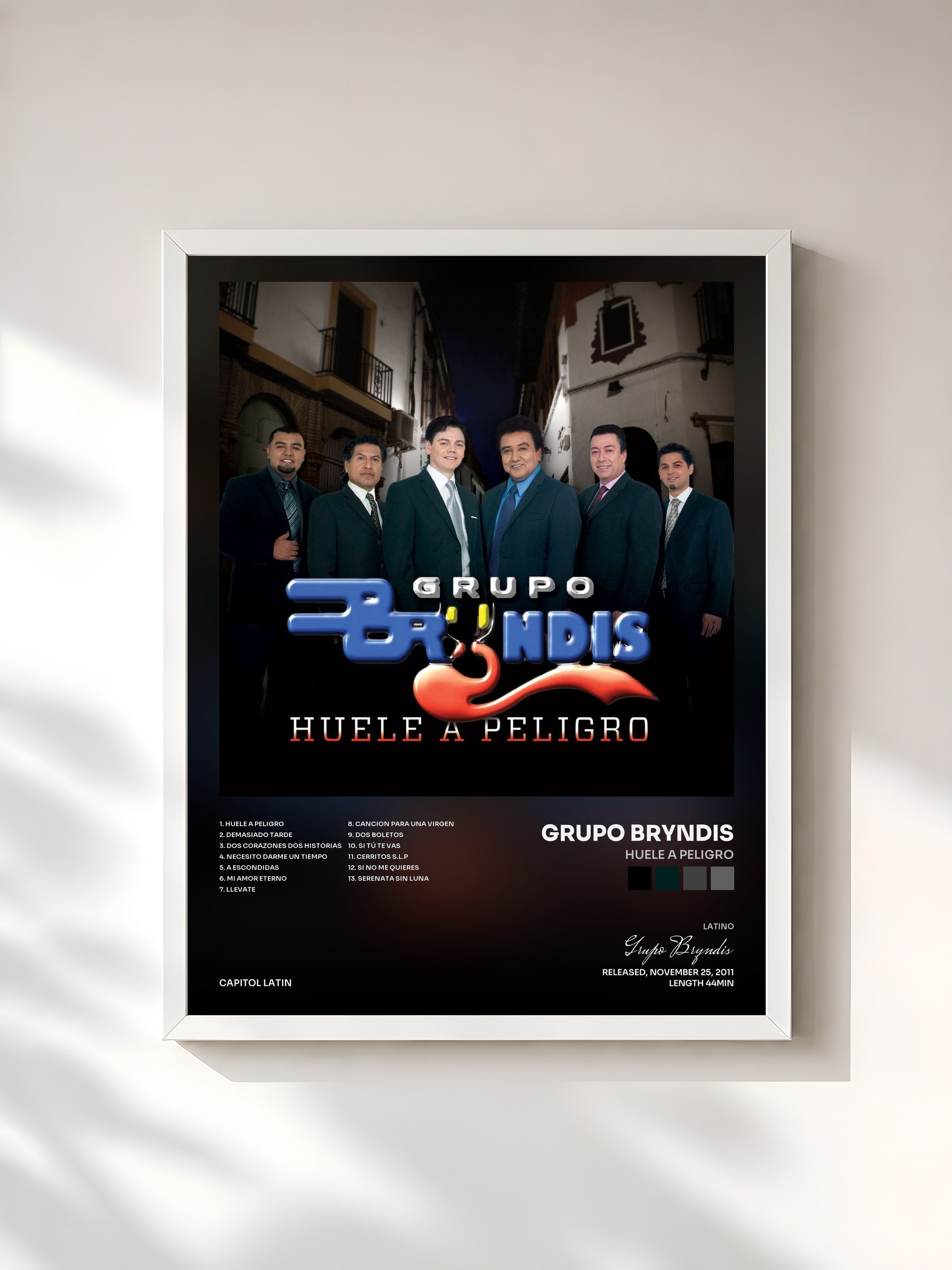 #blanc Tableau de l'album Huele a Peligro de Grupo Bryndis, cadre blanc, imprimé et encadré en France