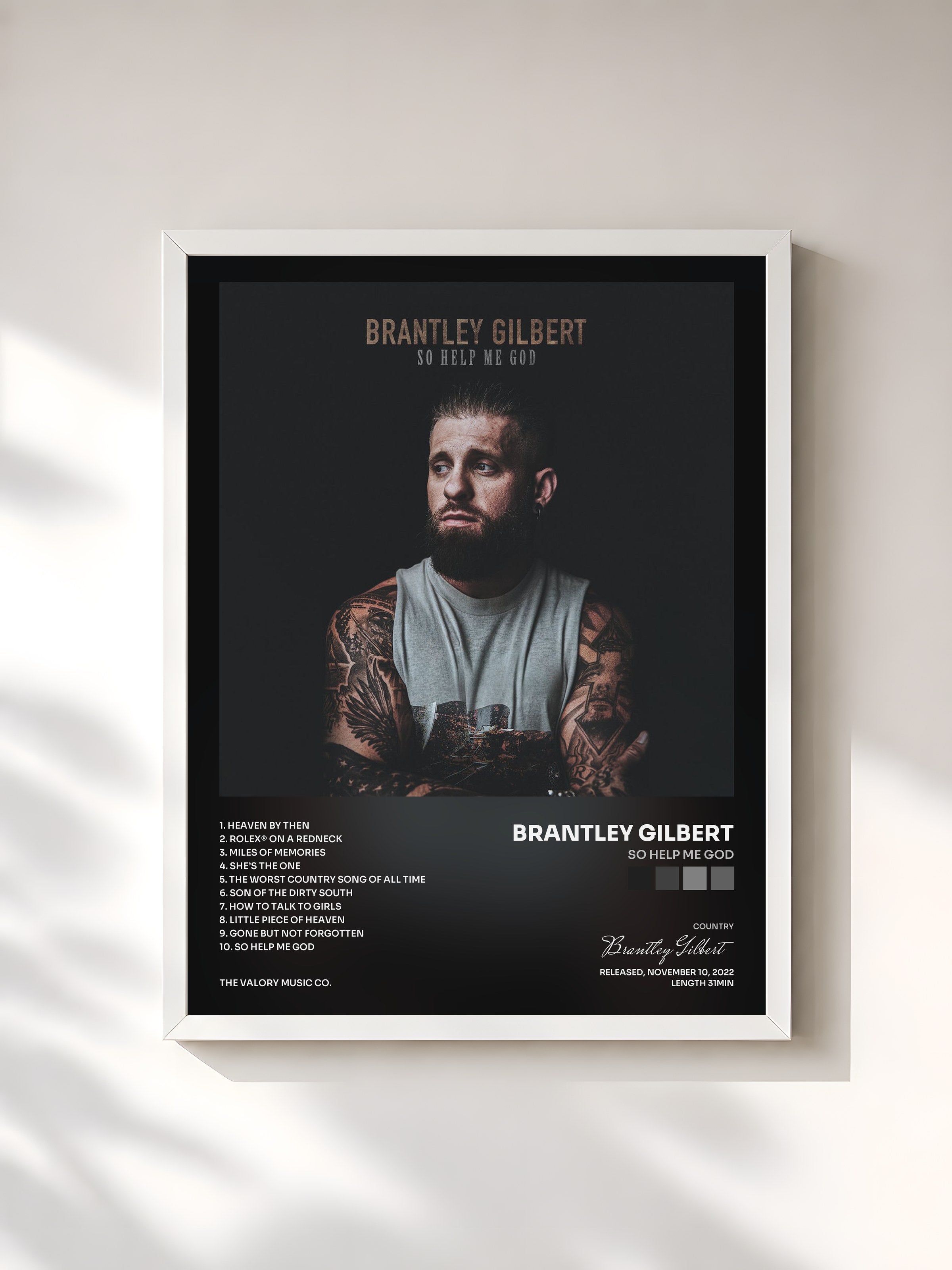 #blanc Tableau de l'album So Help Me God de Brantley Gilbert, cadre blanc, imprimé et encadré en France