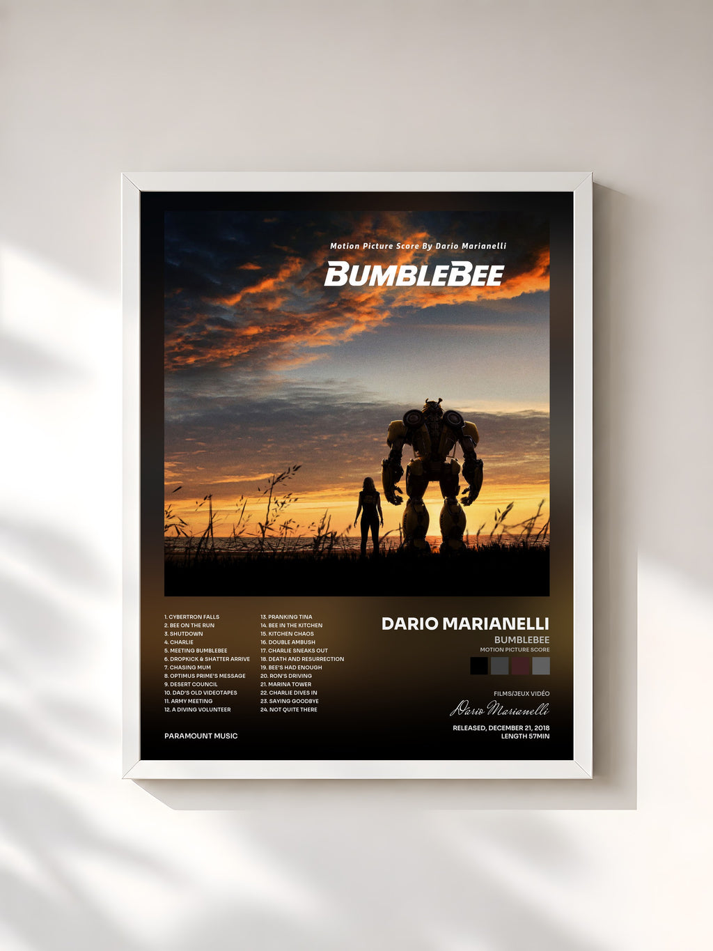 #blanc Tableau de l'album Bumblebee (Motion Picture Score) de Dario Marianelli, cadre blanc, imprimé et encadré en France