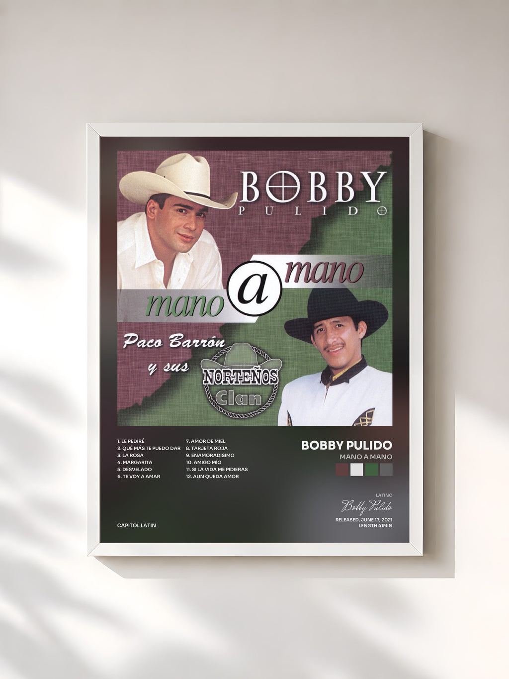 #blanc Tableau de l'album Mano A Mano de Bobby Pulido, cadre blanc, imprimé et encadré en France