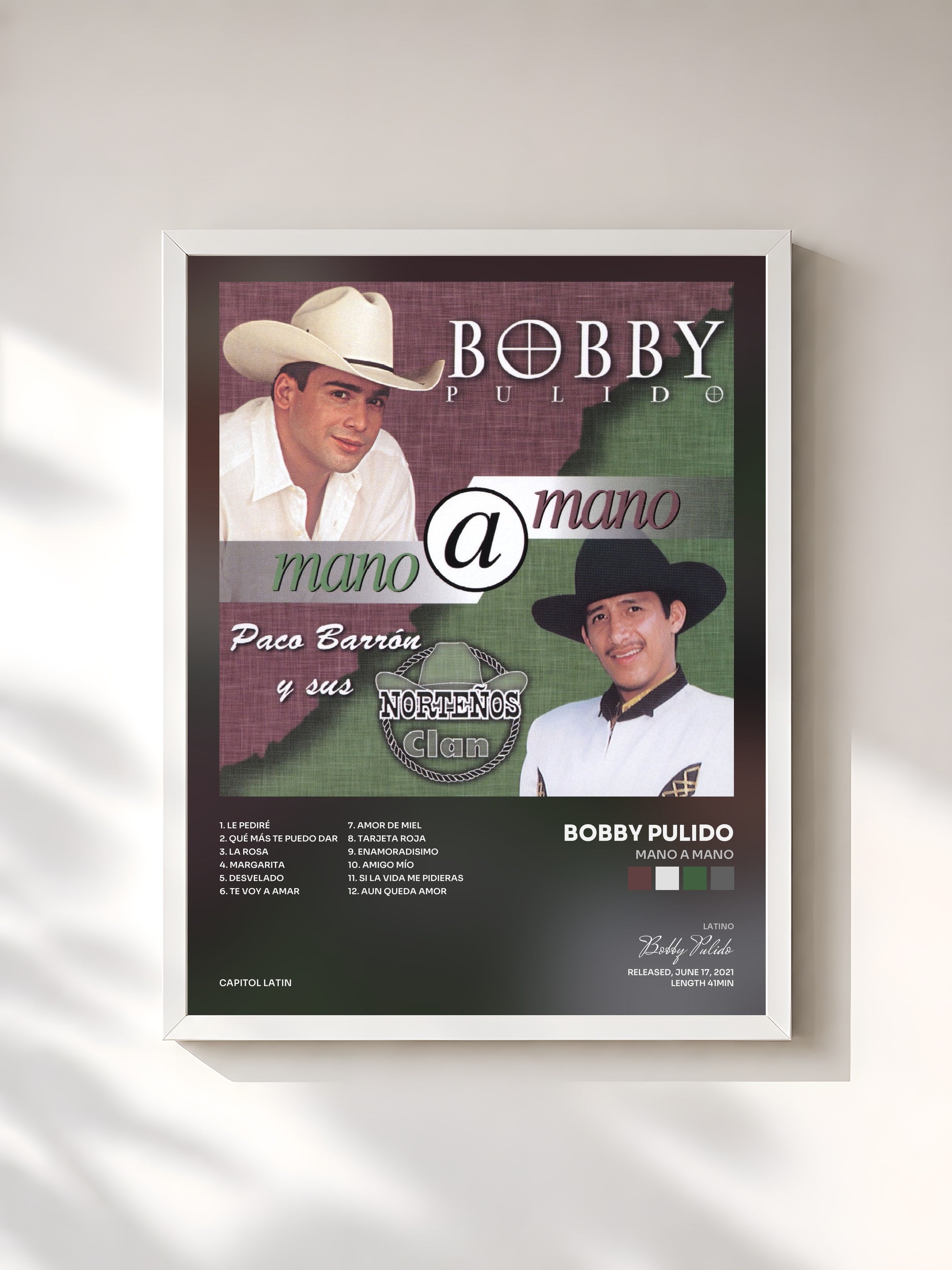 #blanc Tableau de l'album Mano A Mano de Bobby Pulido, cadre blanc, imprimé et encadré en France