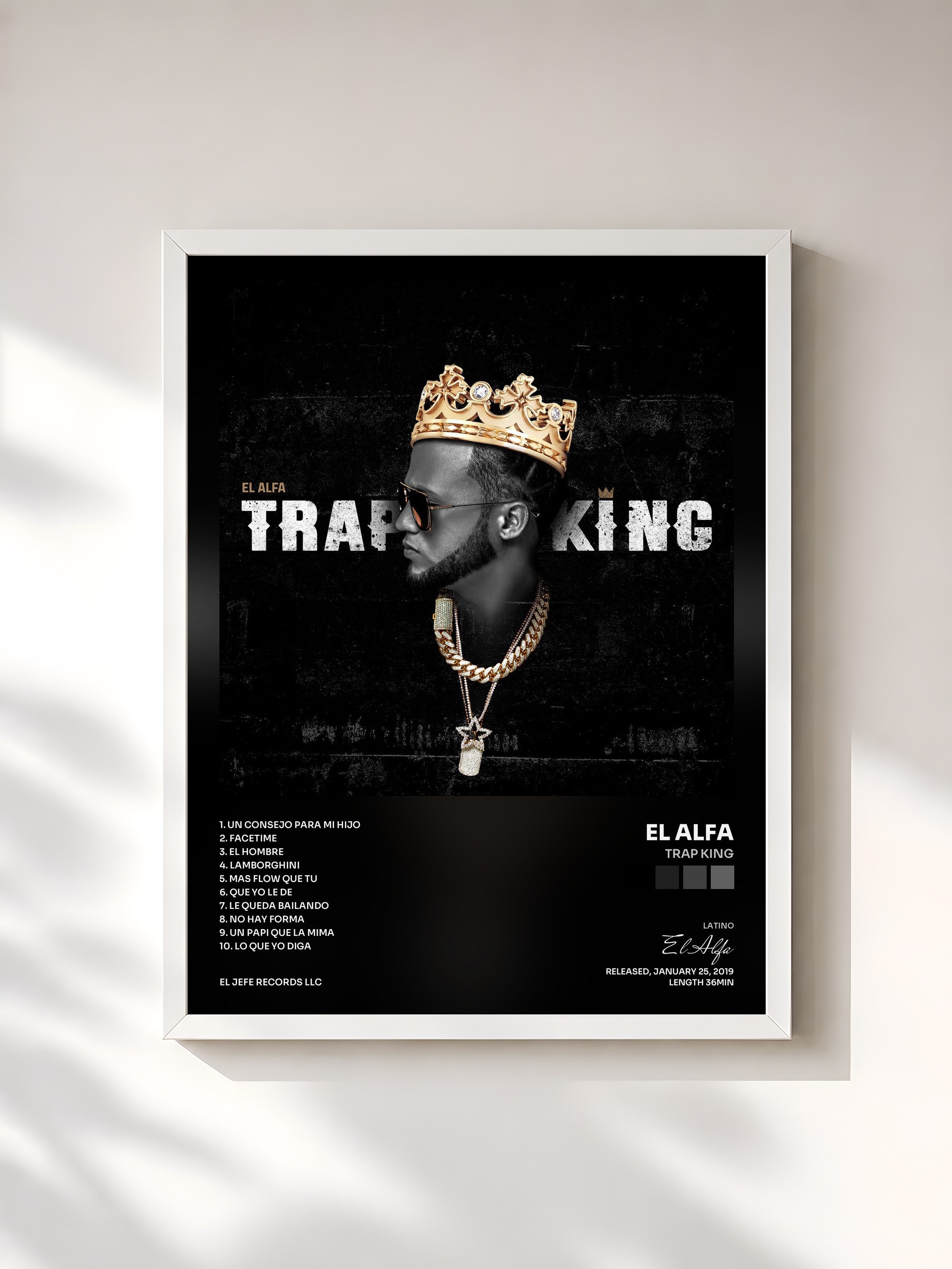 #blanc Tableau de l'album TRAP KING de El Alfa, cadre blanc, imprimé et encadré en France