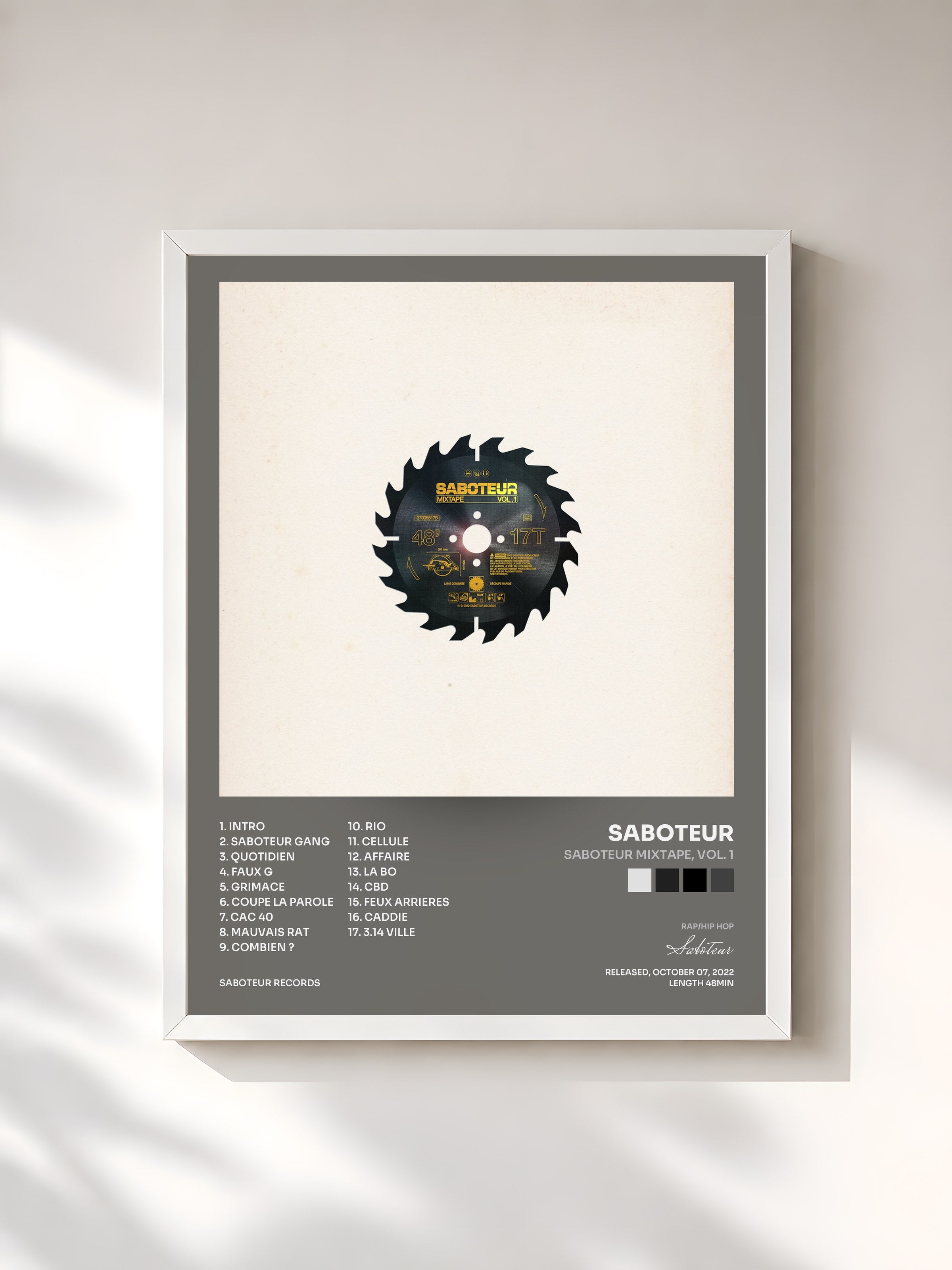 #blanc Tableau de l'album Saboteur Mixtape, Vol. 1 de Saboteur, cadre blanc, imprimé et encadré en France