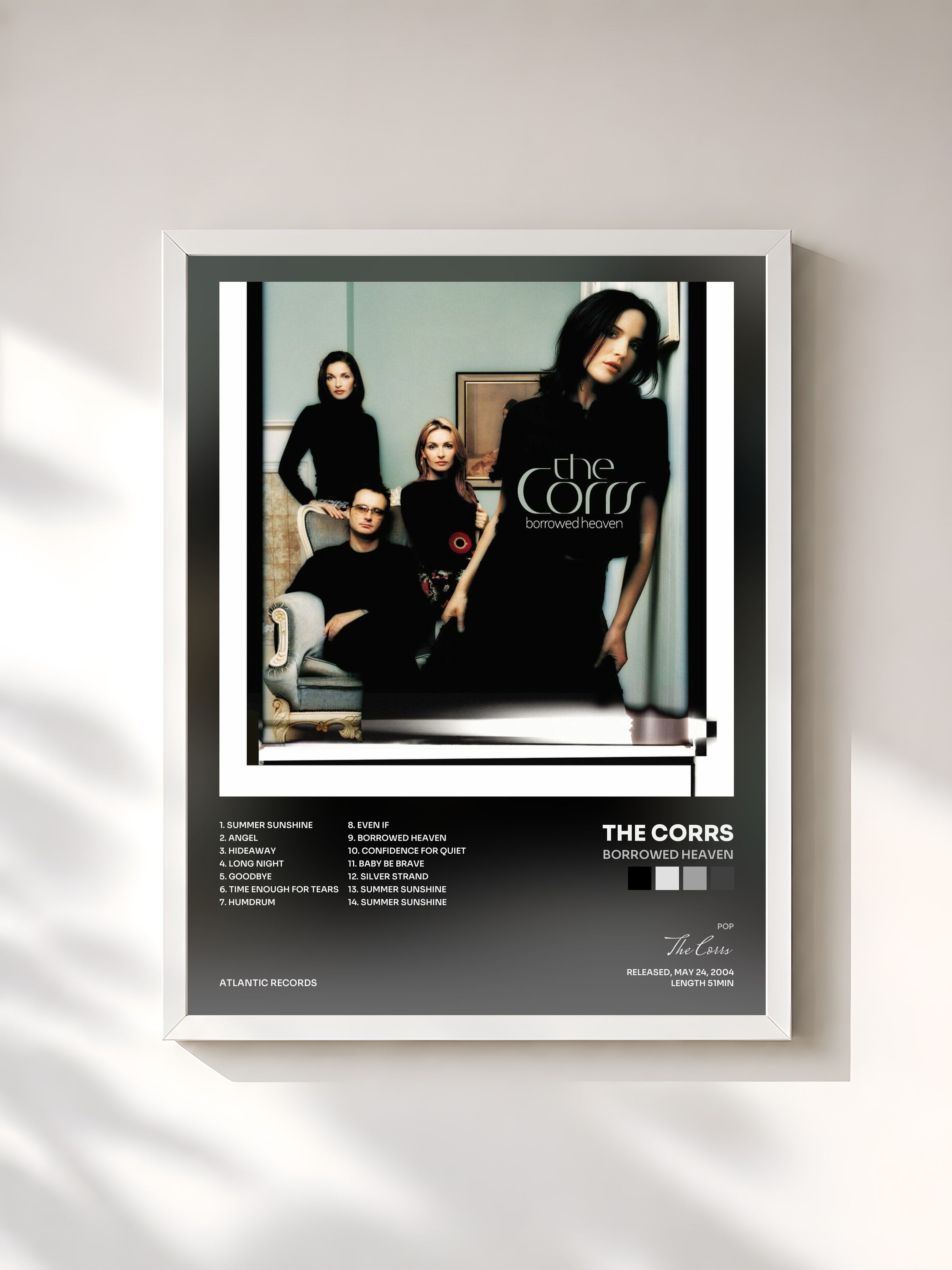#blanc Tableau de l'album Borrowed Heaven de The Corrs, cadre blanc, imprimé et encadré en France