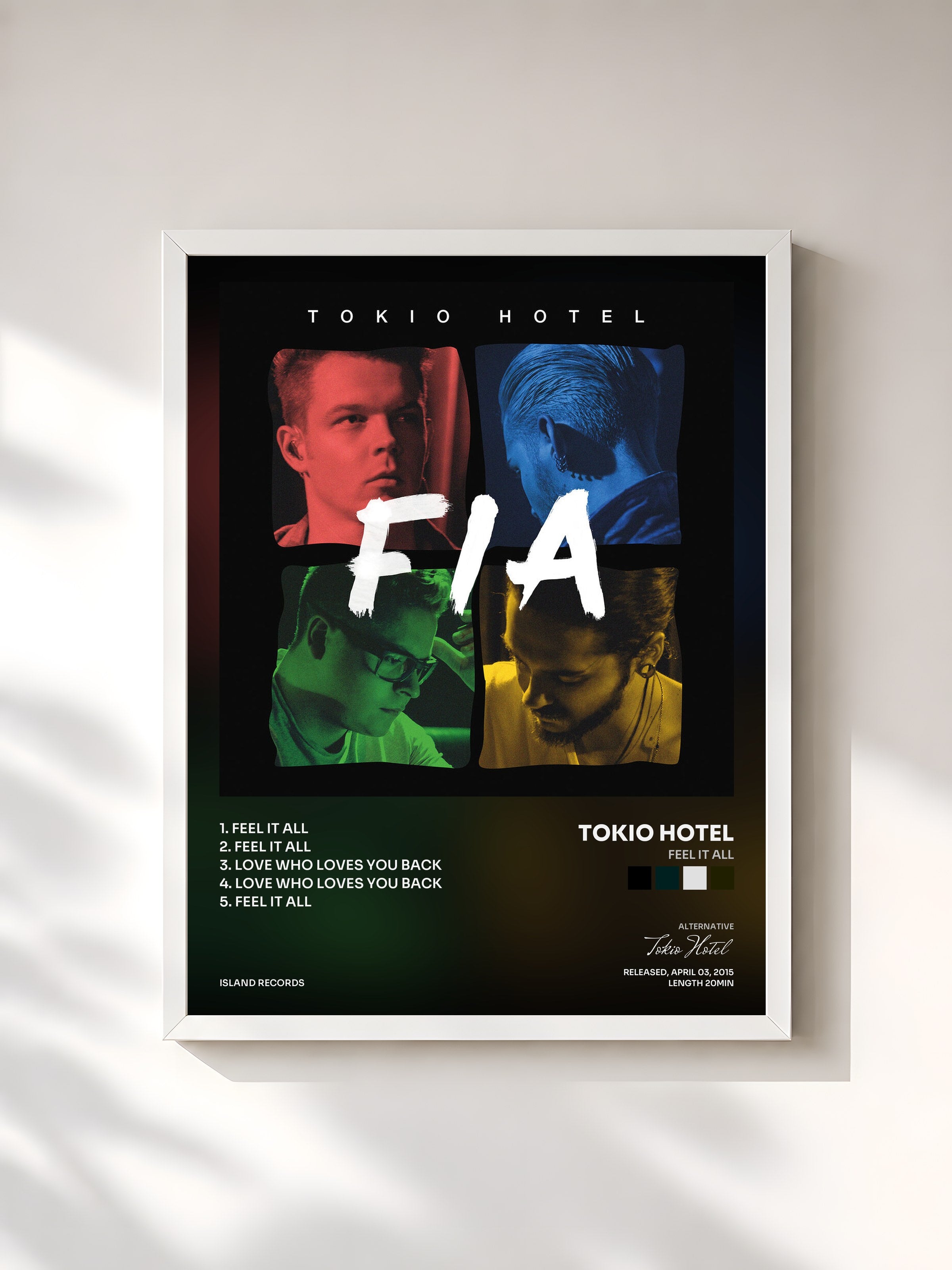 #blanc Tableau de l'album Feel It All de Tokio Hotel, cadre blanc, imprimé et encadré en France
