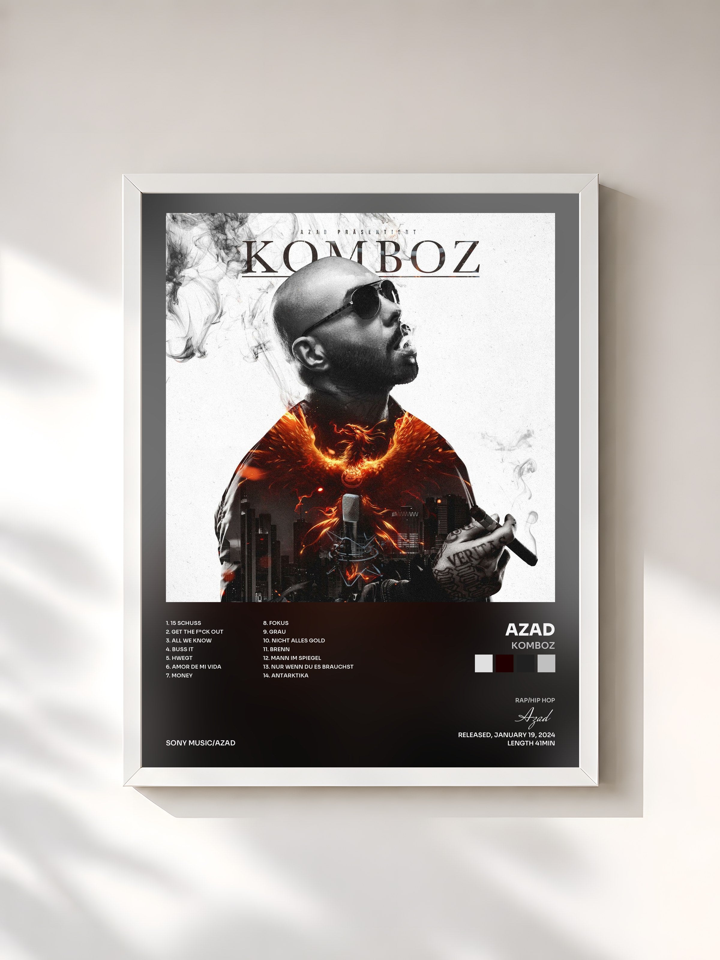 #blanc Tableau de l'album KOMBOZ de Azad, cadre blanc, imprimé et encadré en France