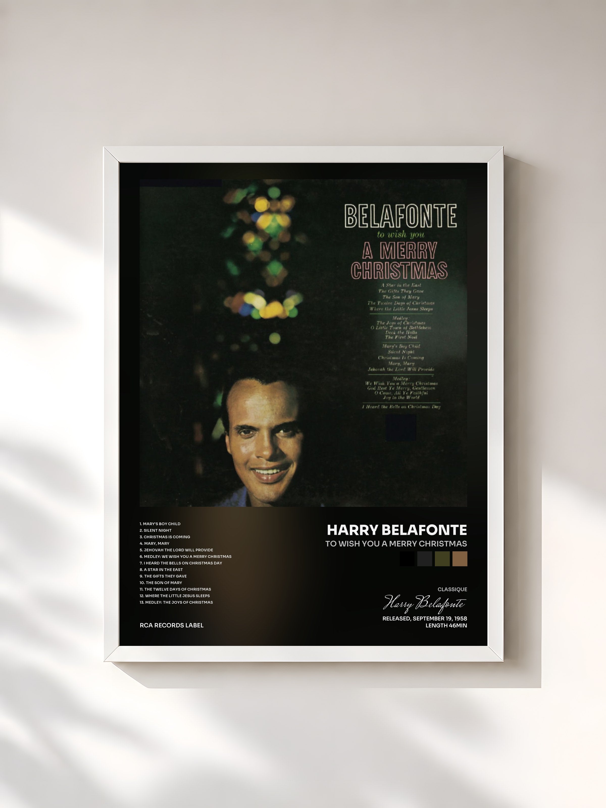 #blanc Tableau de l'album To Wish You A Merry Christmas de Harry Belafonte, cadre blanc, imprimé et encadré en France