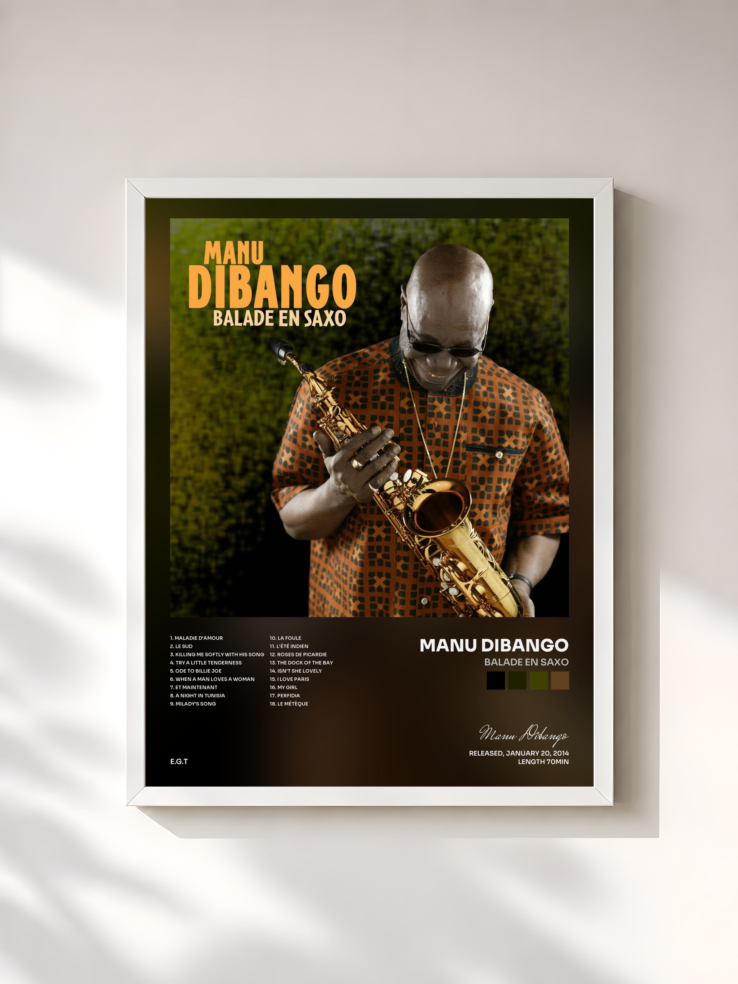#blanc Tableau de l'album Balade en Saxo de Manu Dibango, cadre blanc, imprimé et encadré en France
