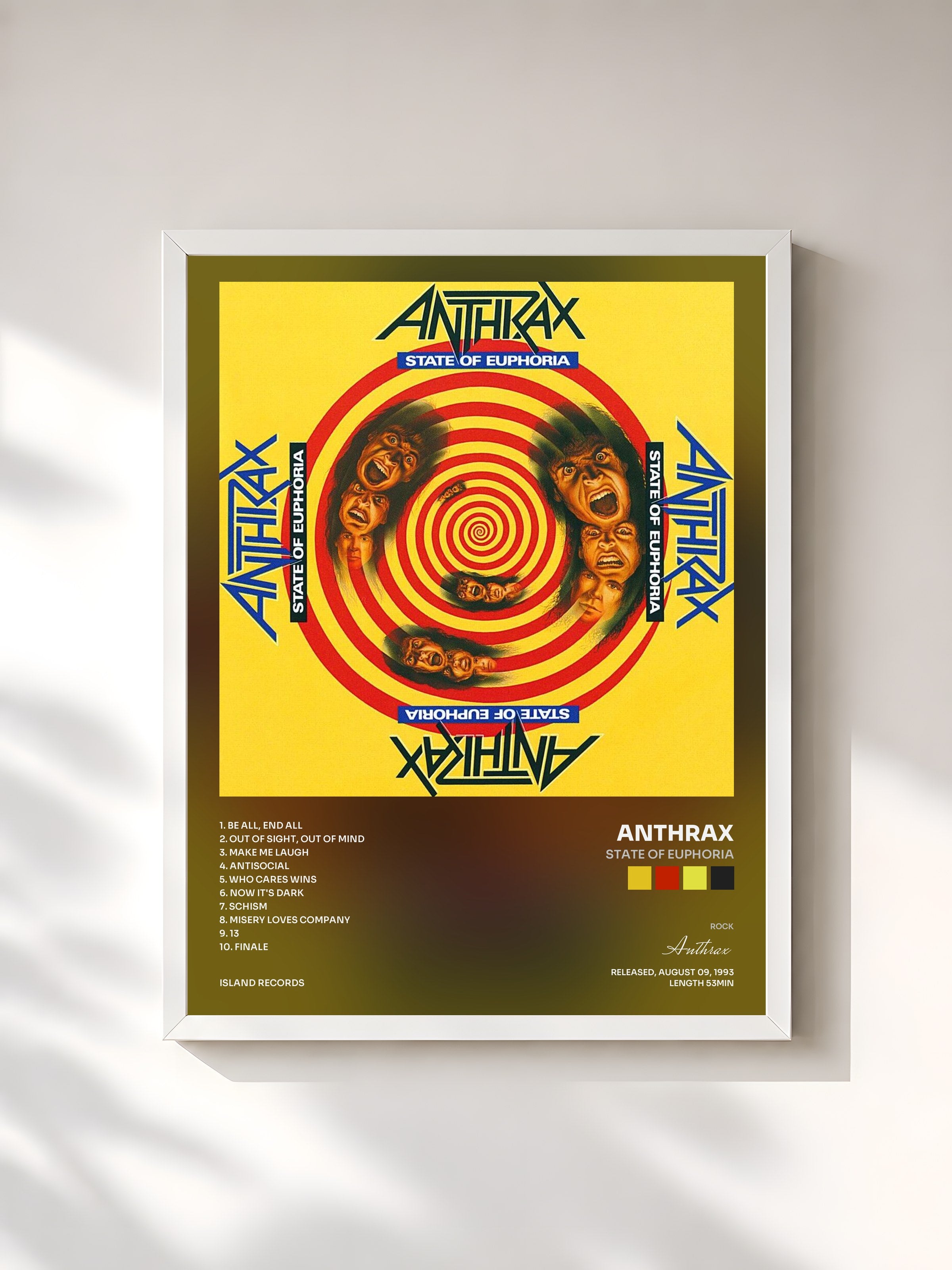 #blanc Tableau de l'album State Of Euphoria de Anthrax, cadre blanc, imprimé et encadré en France
