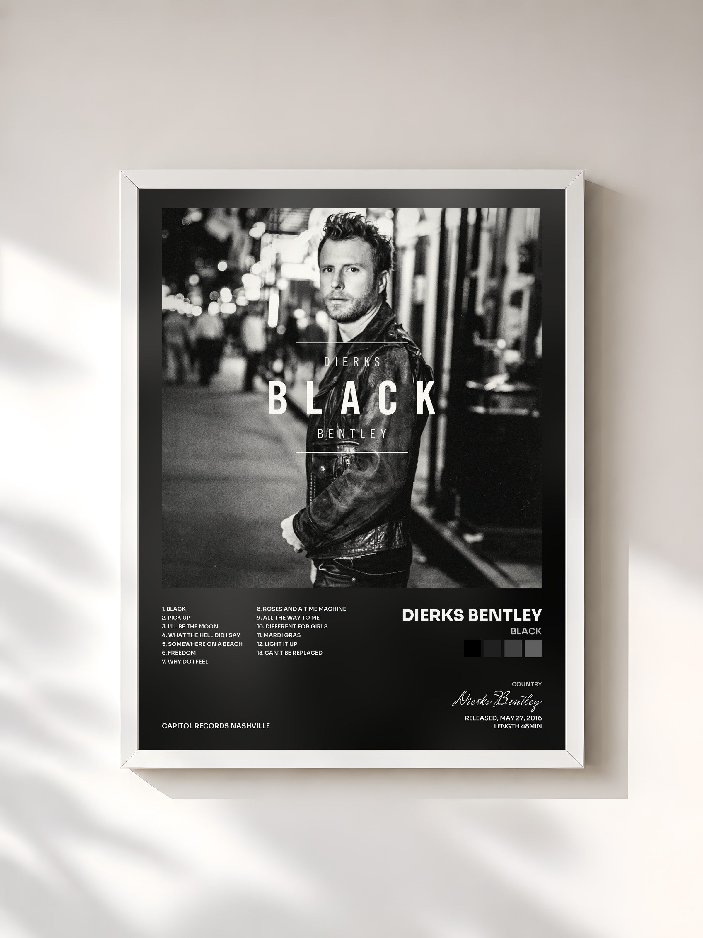 #blanc Tableau de l'album Black de Dierks Bentley, cadre blanc, imprimé et encadré en France