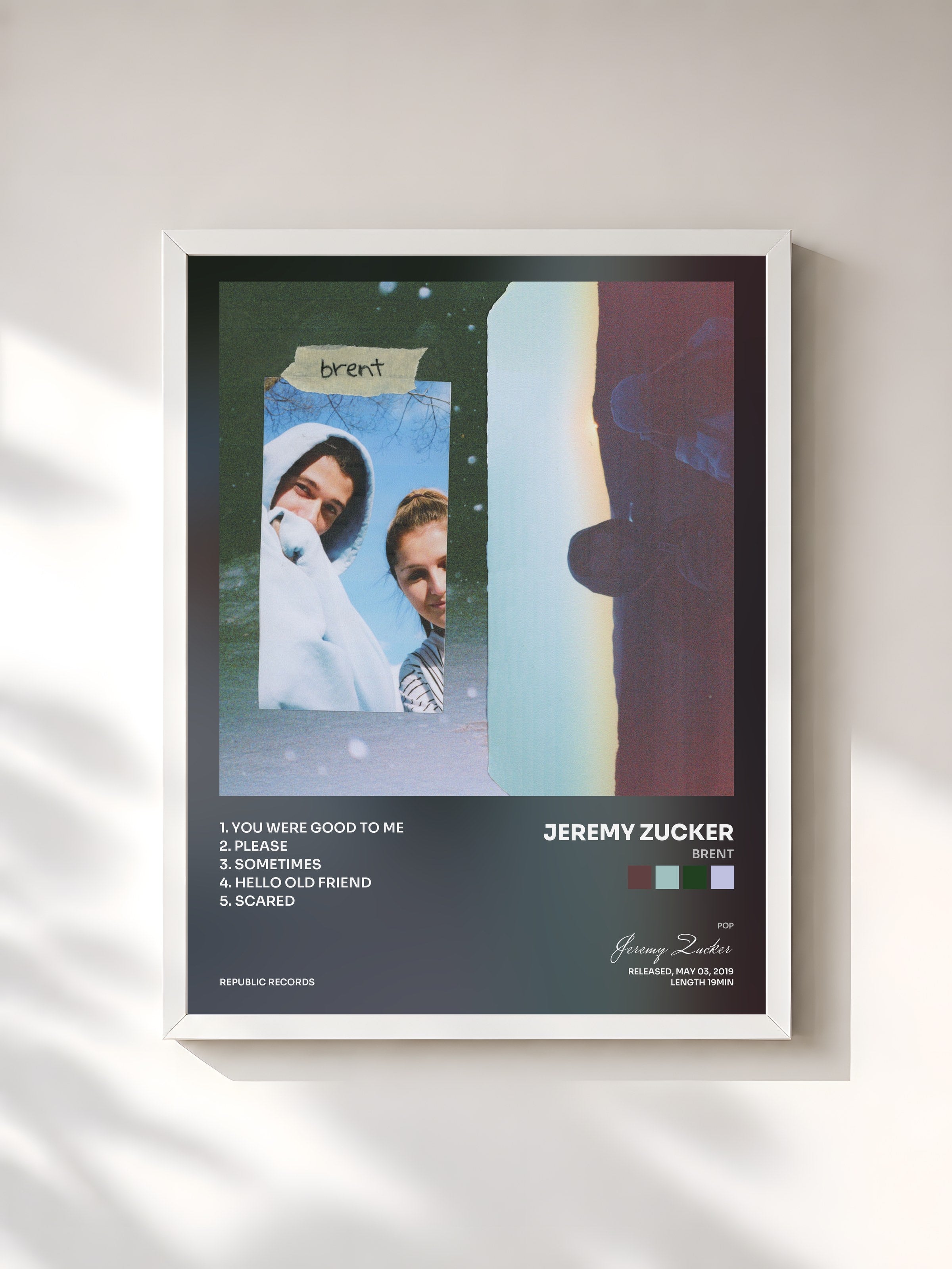 #blanc Tableau de l'album brent de Jeremy Zucker, cadre blanc, imprimé et encadré en France