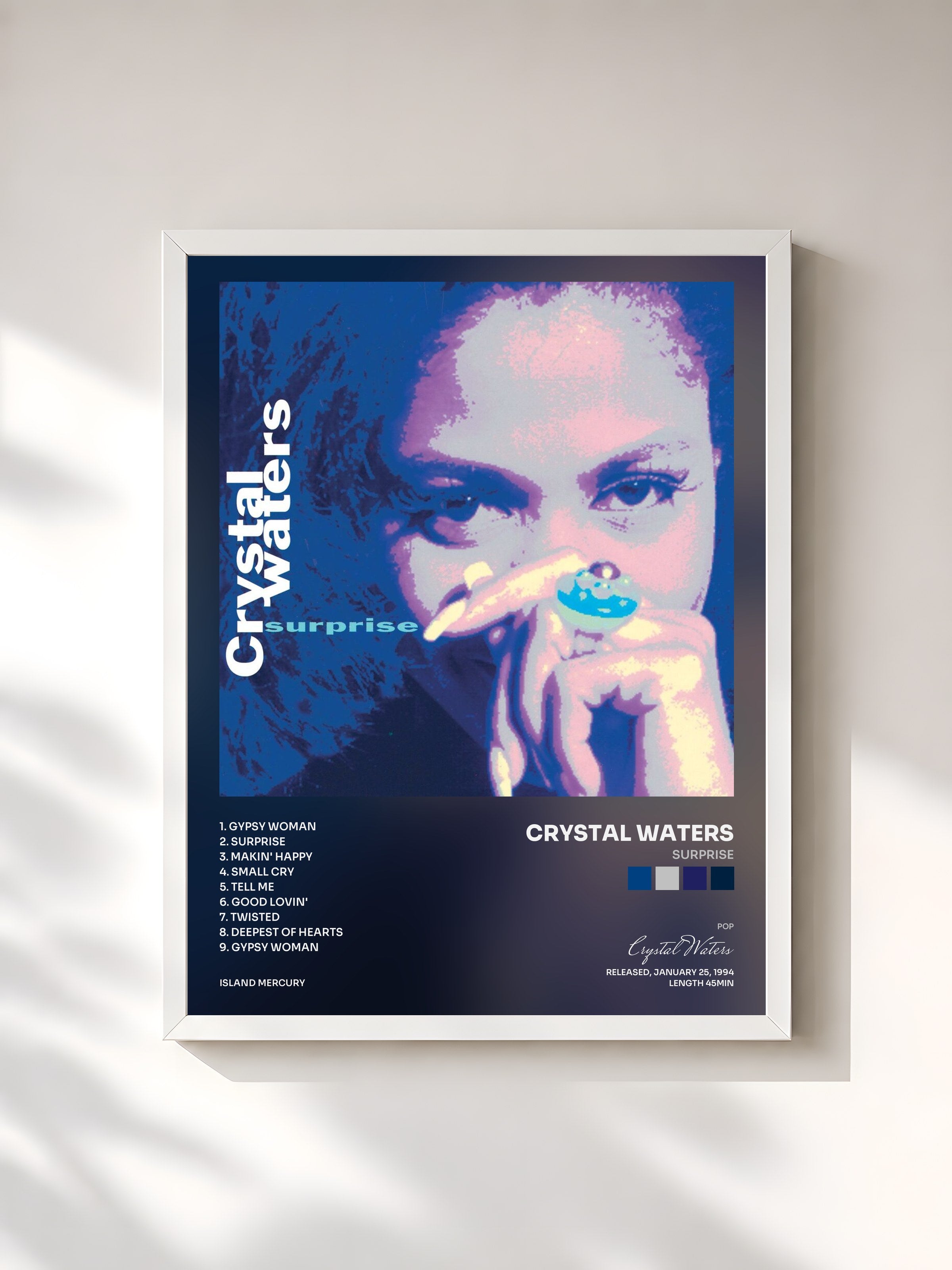 #blanc Tableau de l'album Surprise de Crystal Waters, cadre blanc, imprimé et encadré en France