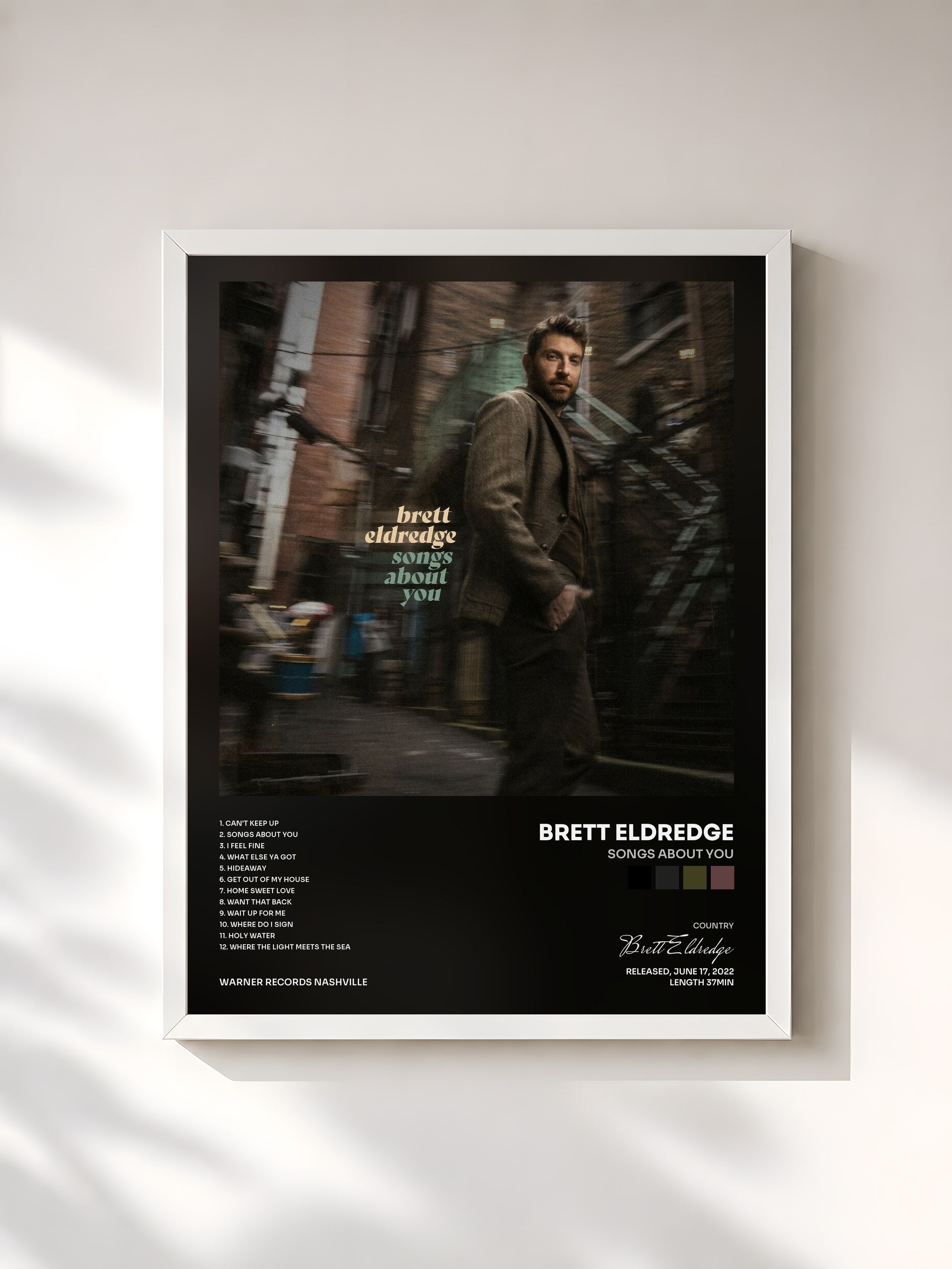 #blanc Tableau de l'album Songs About You de Brett Eldredge, cadre blanc, imprimé et encadré en France
