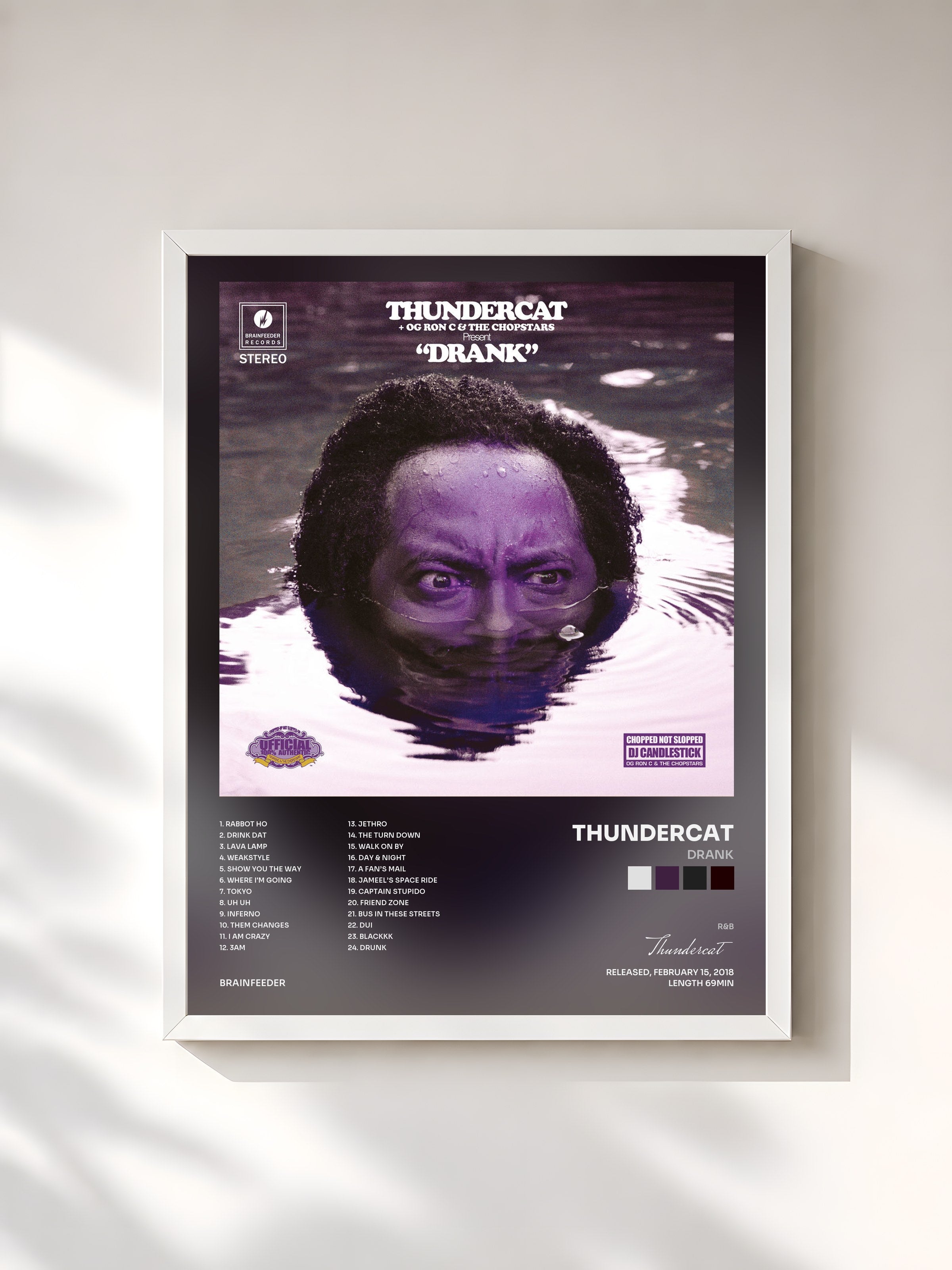#blanc Tableau de l'album Drank de Thundercat, cadre blanc, imprimé et encadré en France