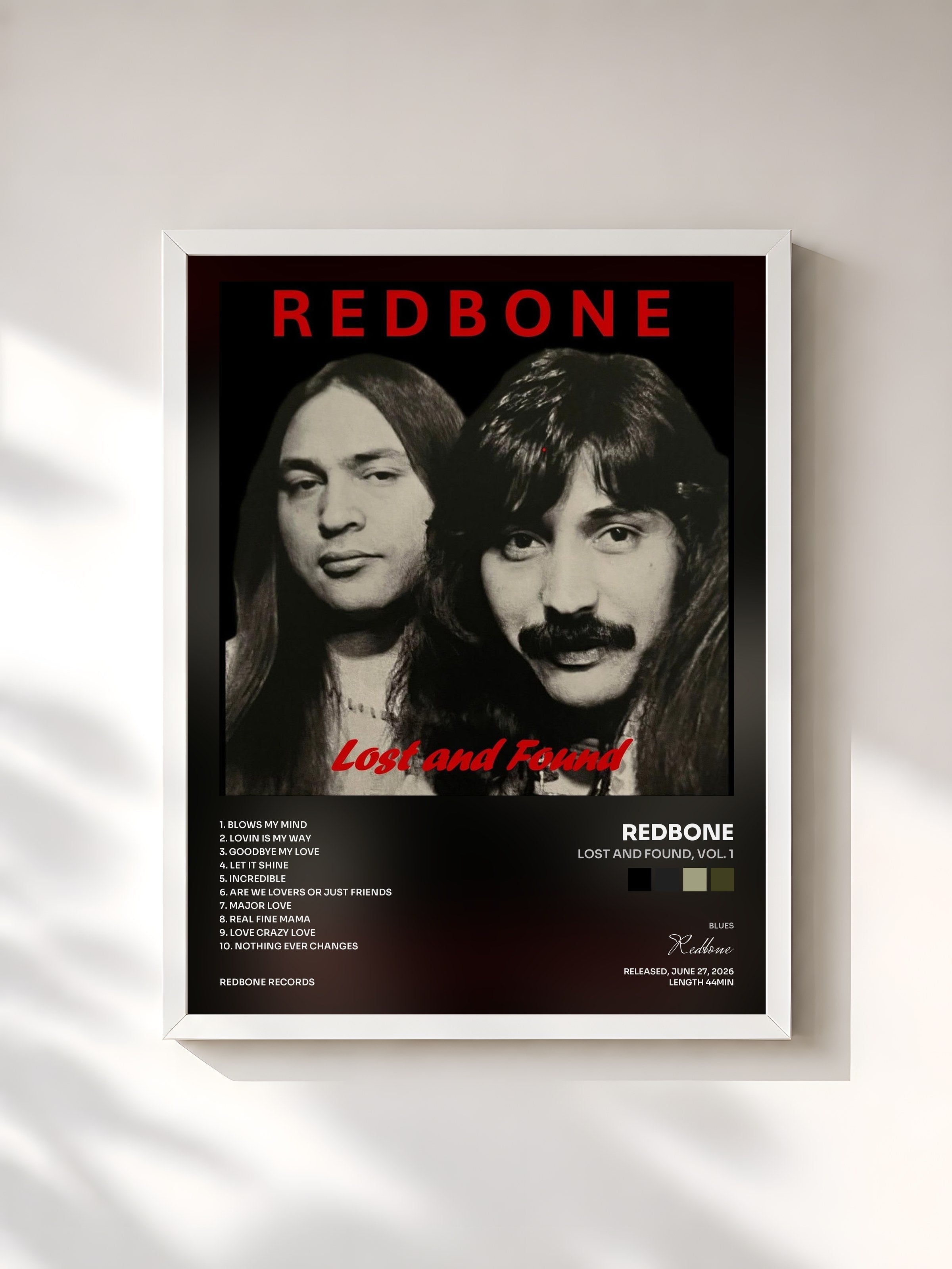 #blanc Tableau de l'album Lost and Found, Vol. 1 de Redbone, cadre blanc, imprimé et encadré en France
