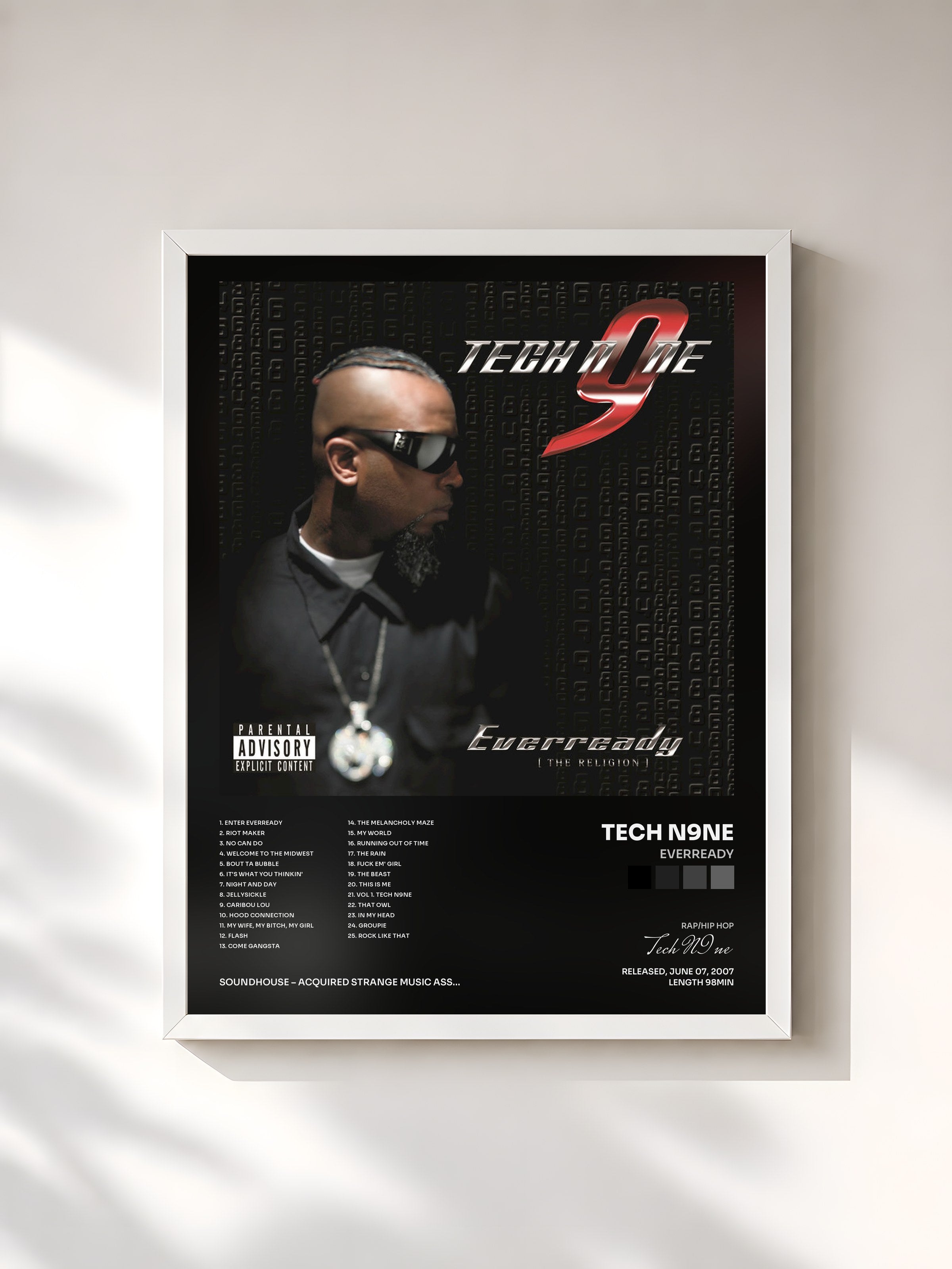 #blanc Tableau de l'album Everready de Tech N9ne, cadre blanc, imprimé et encadré en France