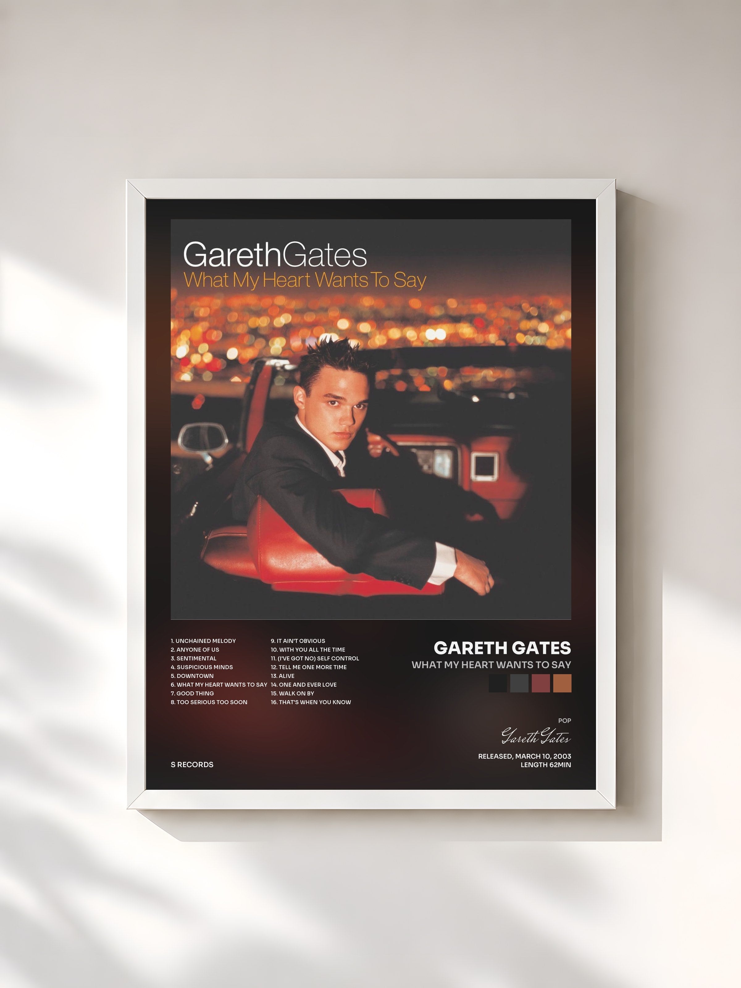 #blanc Tableau de l'album What My Heart Wants To Say de Gareth Gates, cadre blanc, imprimé et encadré en France