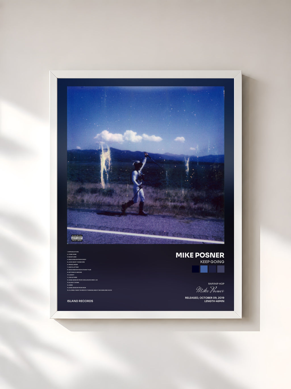 #blanc Tableau de l'album Keep Going de Mike Posner, cadre blanc, imprimé et encadré en France