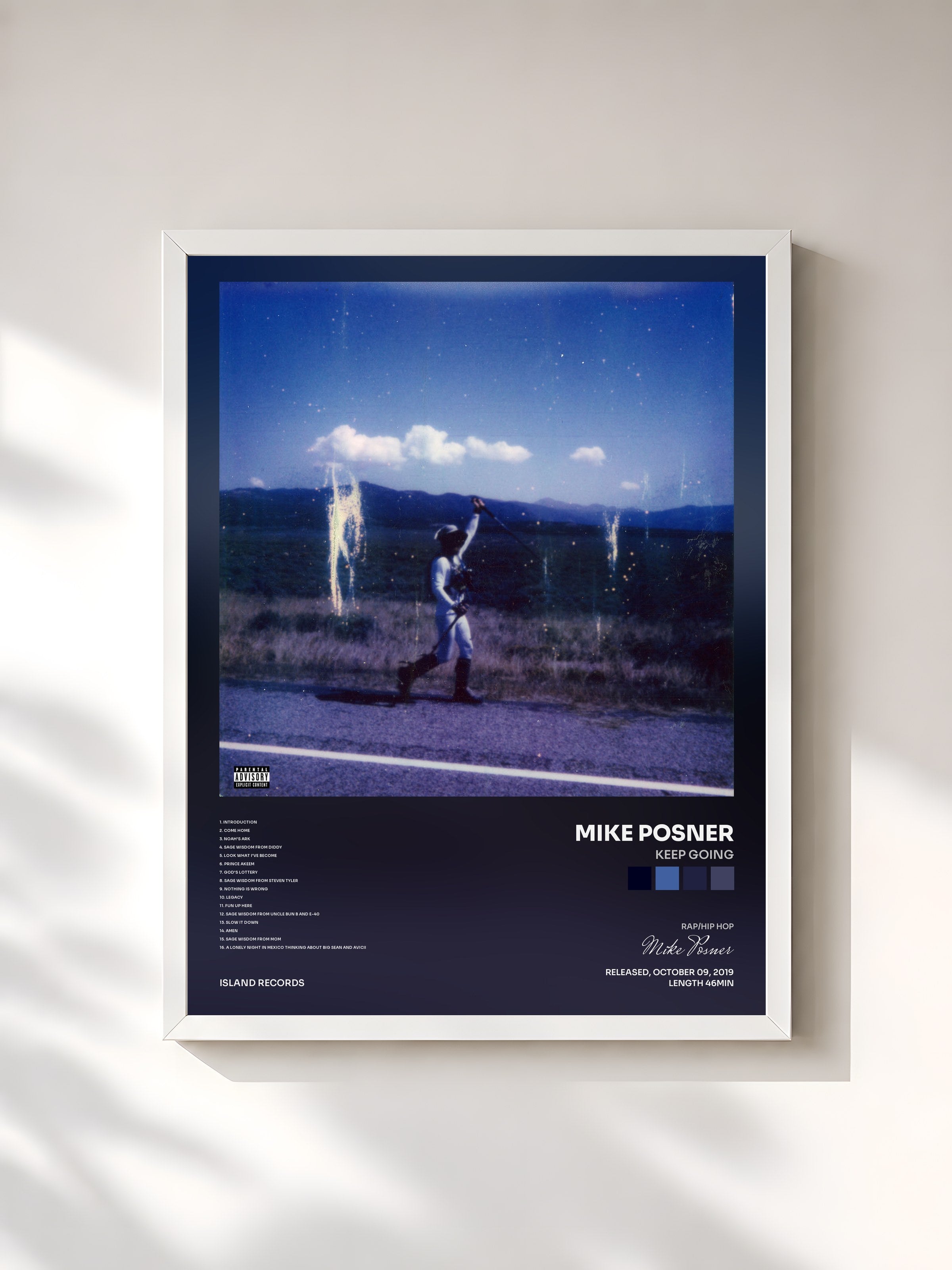 #blanc Tableau de l'album Keep Going de Mike Posner, cadre blanc, imprimé et encadré en France
