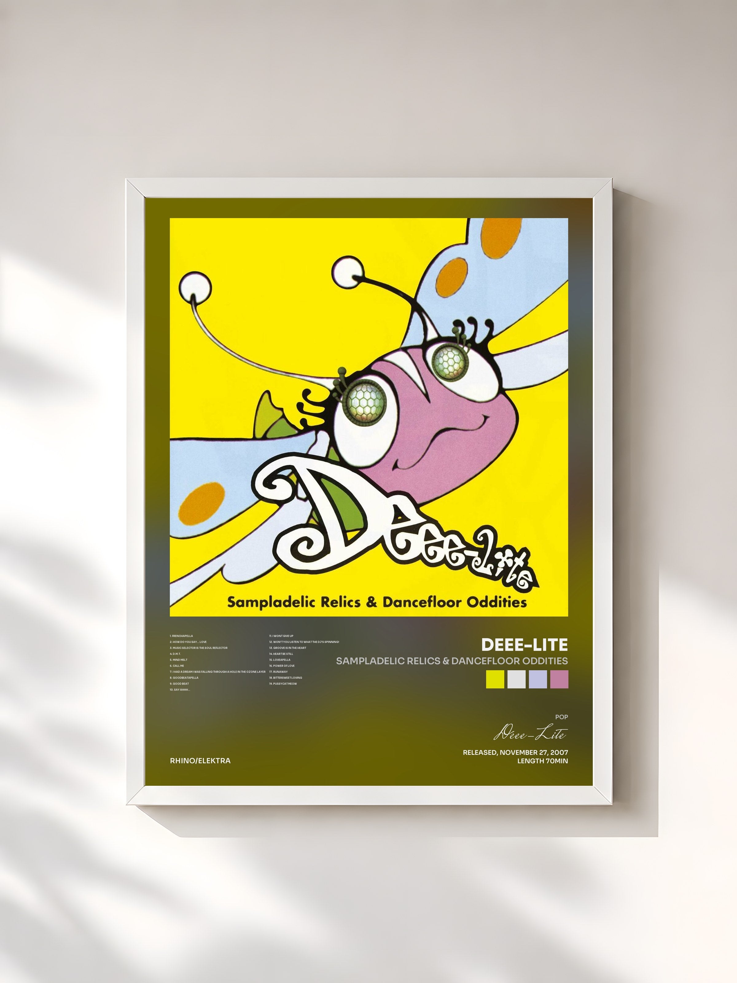 #blanc Tableau de l'album Sampladelic Relics & Dancefloor Oddities de Deee-Lite, cadre blanc, imprimé et encadré en France