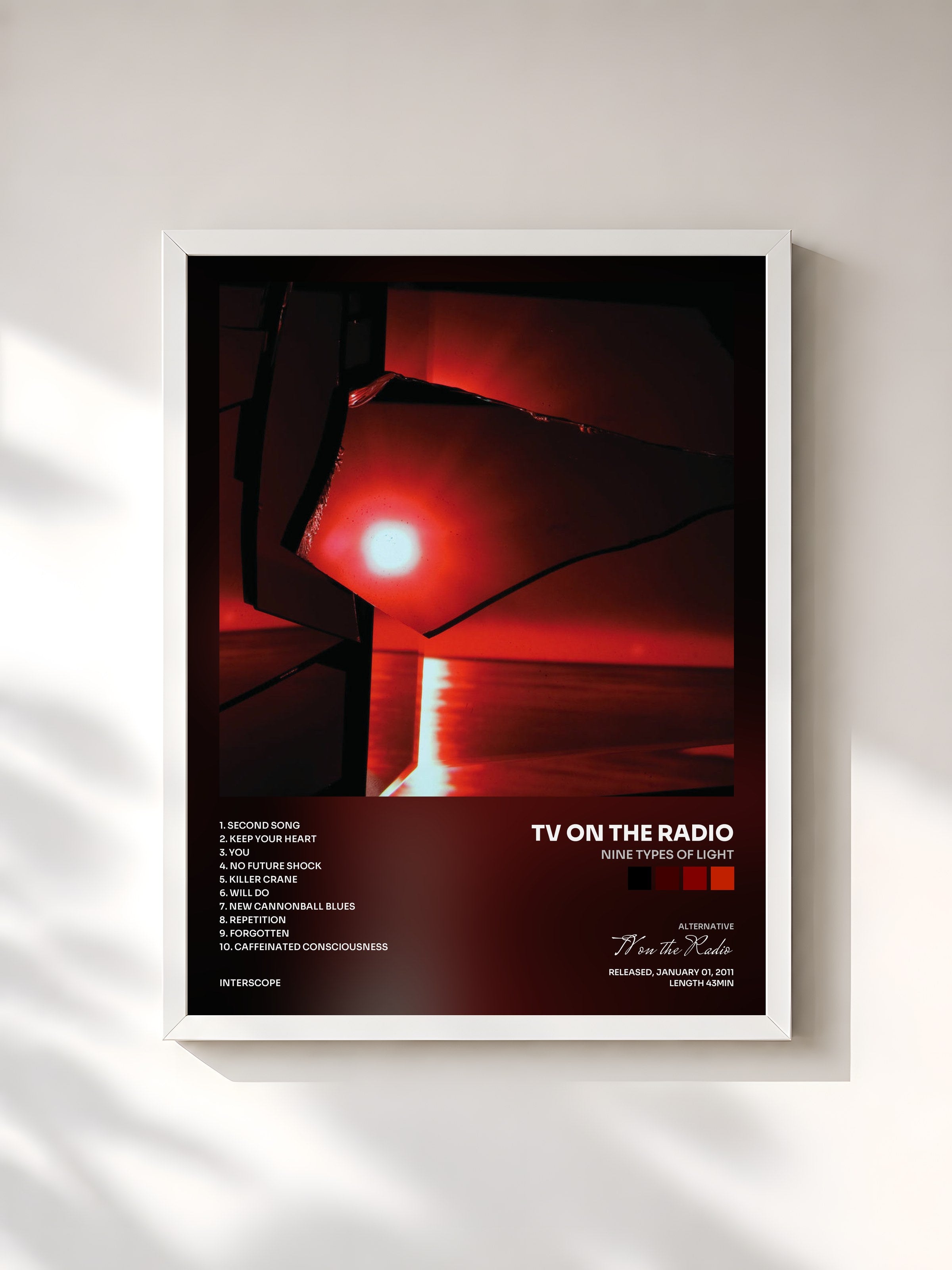 #blanc Tableau de l'album Nine Types of Light de TV on the Radio, cadre blanc, imprimé et encadré en France