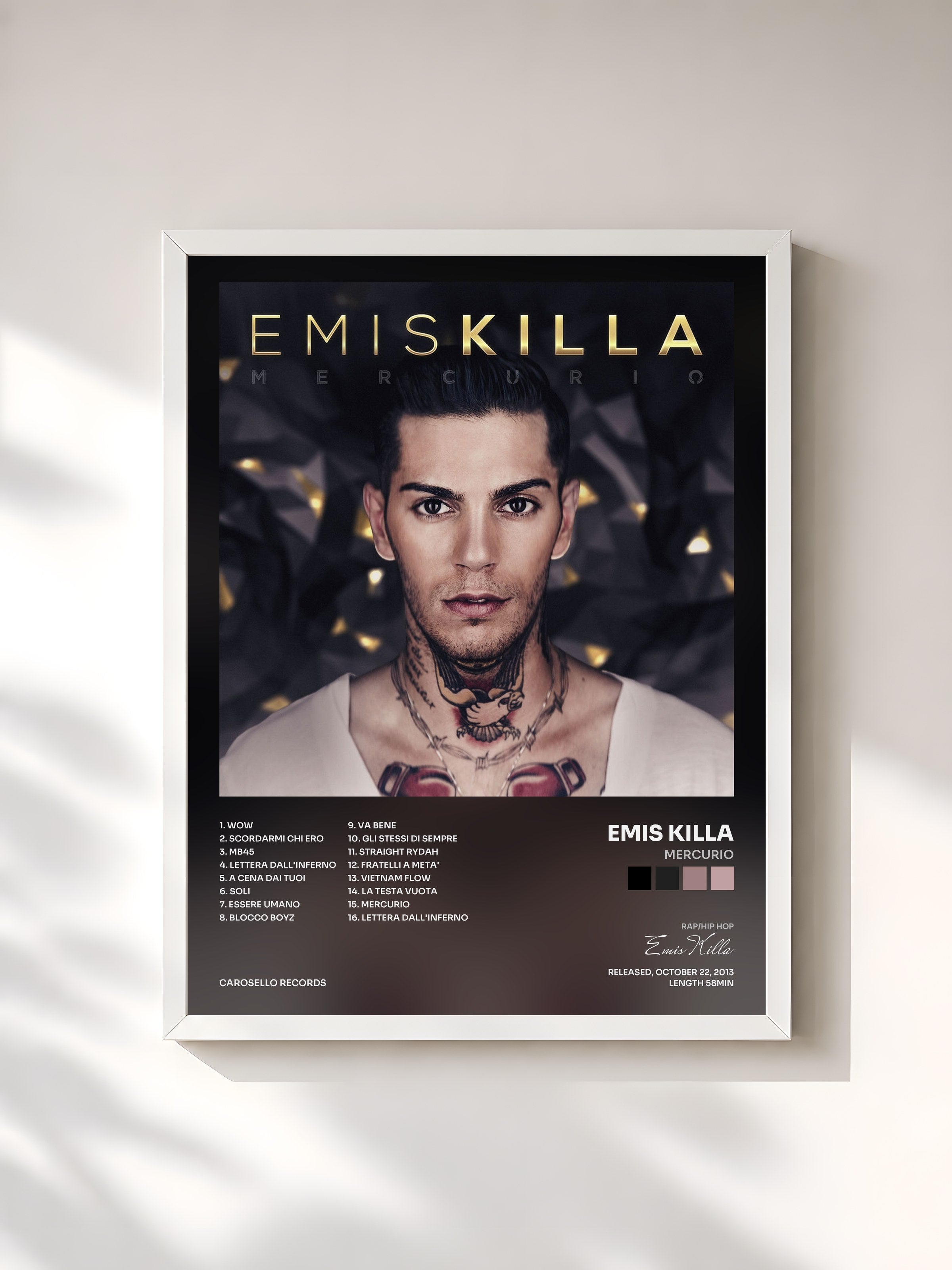 #blanc Tableau de l'album Mercurio de Emis Killa, cadre blanc, imprimé et encadré en France