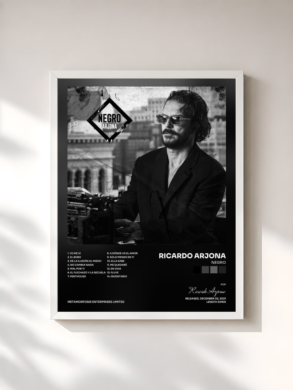 #blanc Tableau de l'album Negro de Ricardo Arjona, cadre blanc, imprimé et encadré en France