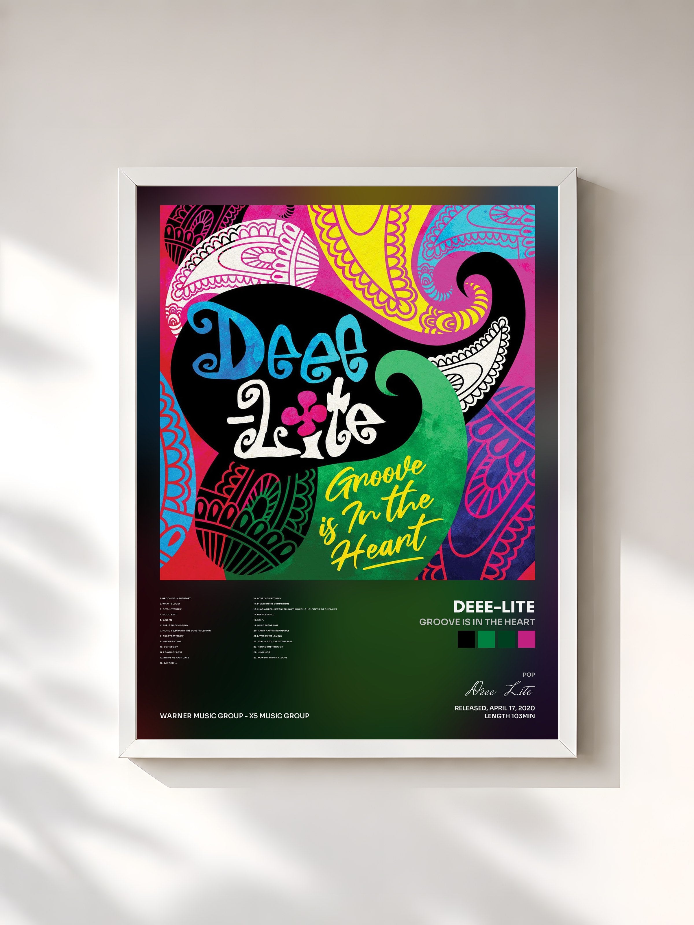 #blanc Tableau de l'album Groove Is In the Heart de Deee-Lite, cadre blanc, imprimé et encadré en France