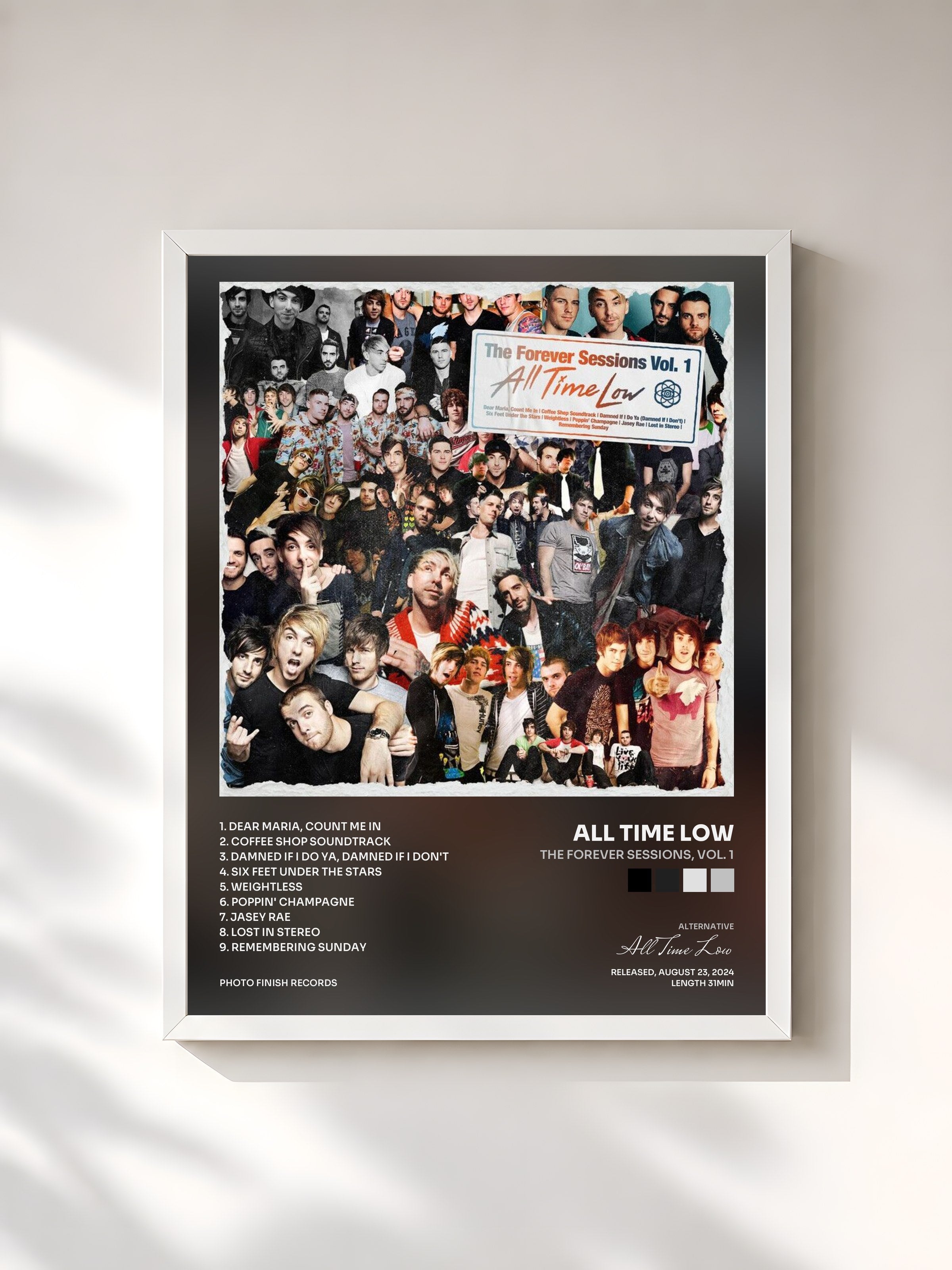 #blanc Tableau de l'album The Forever Sessions, Vol. 1 de All Time Low, cadre blanc, imprimé et encadré en France