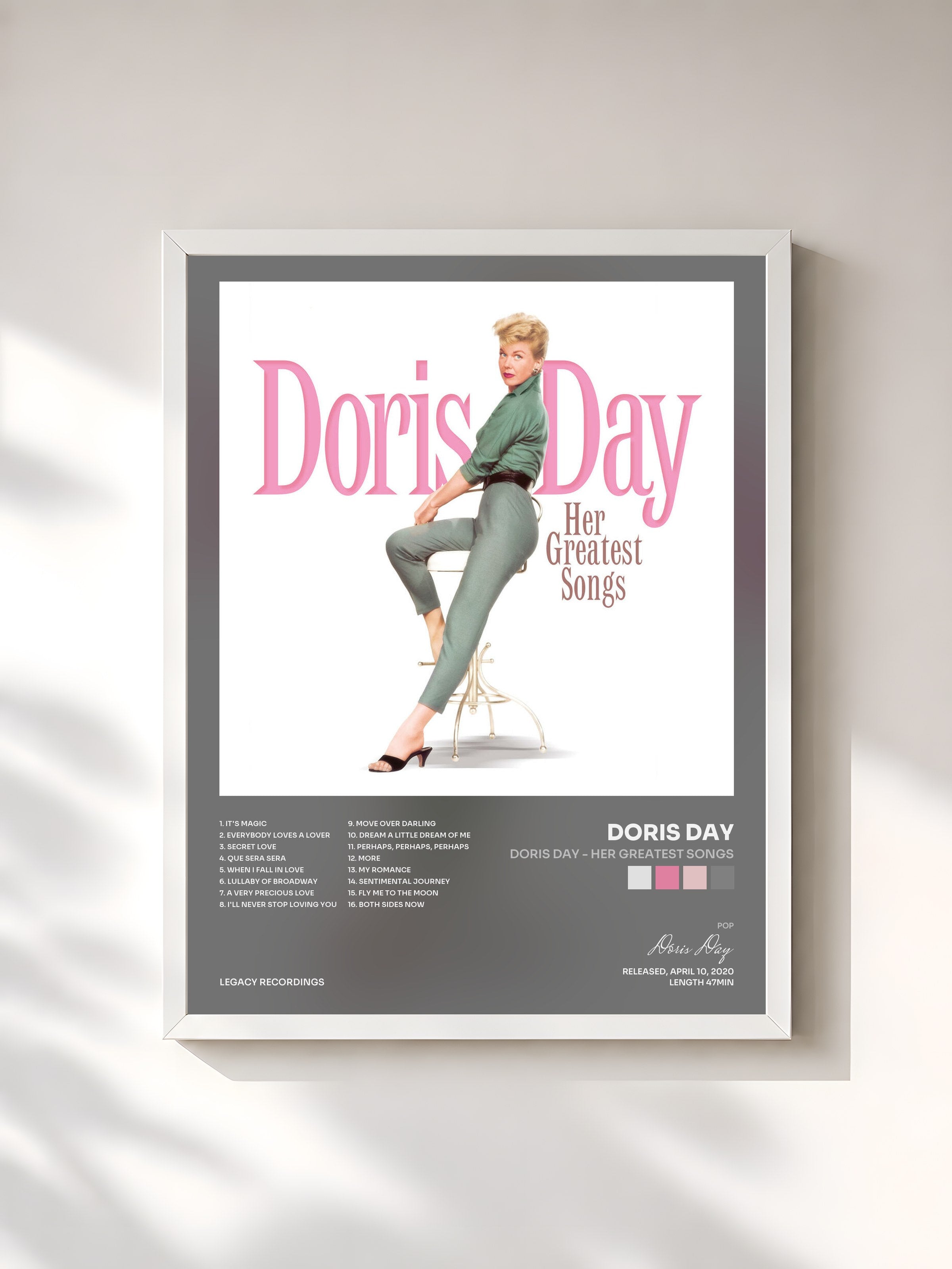 #blanc Tableau de l'album Doris Day - Her Greatest Songs de Doris Day, cadre blanc, imprimé et encadré en France
