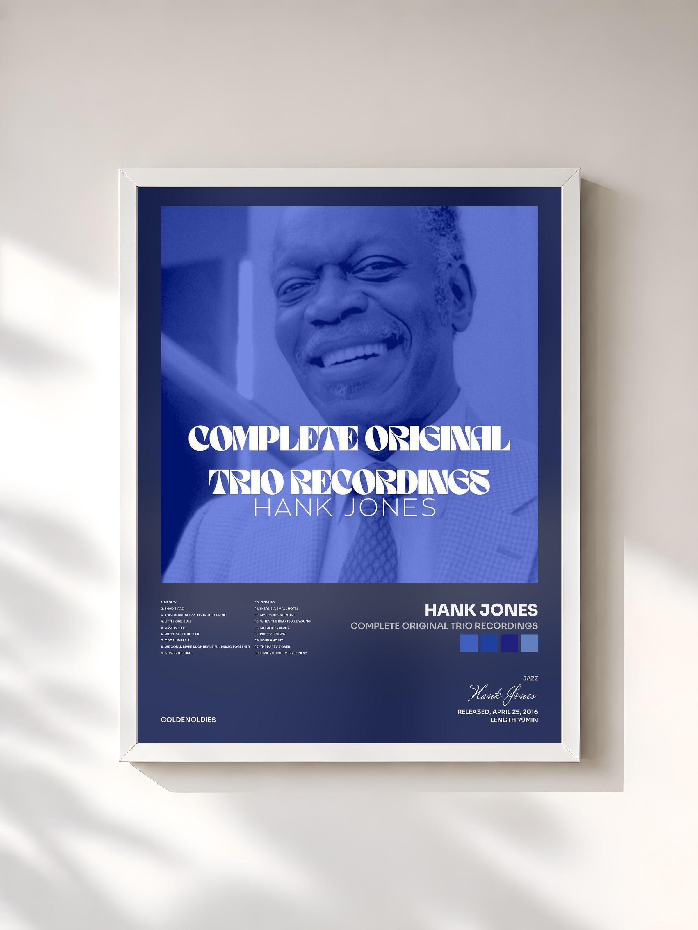 #blanc Tableau de l'album Complete Original Trio Recordings de Hank Jones, cadre blanc, imprimé et encadré en France