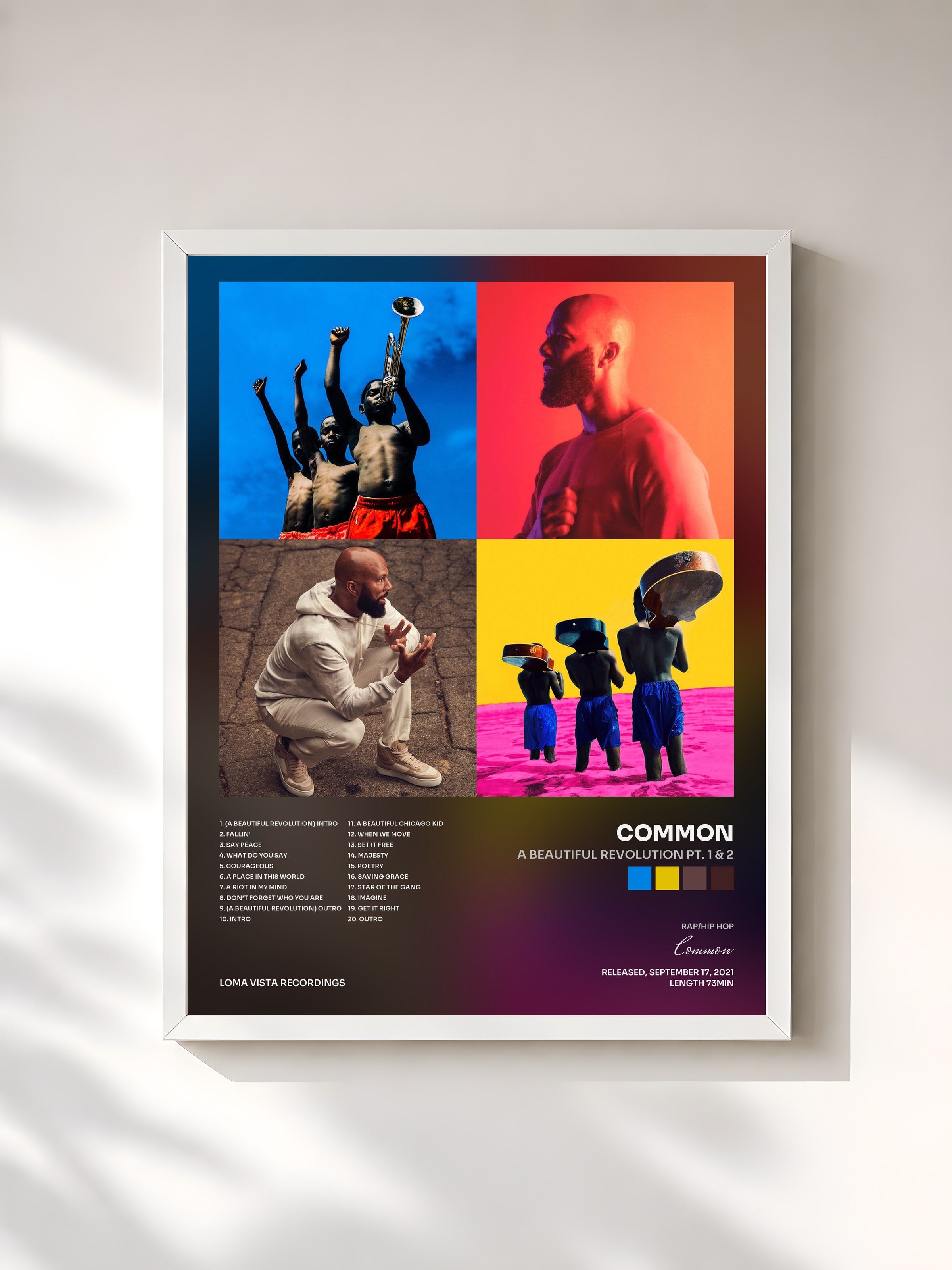 #blanc Tableau de l'album A Beautiful Revolution Pt. 1 & 2 de Common, cadre blanc, imprimé et encadré en France