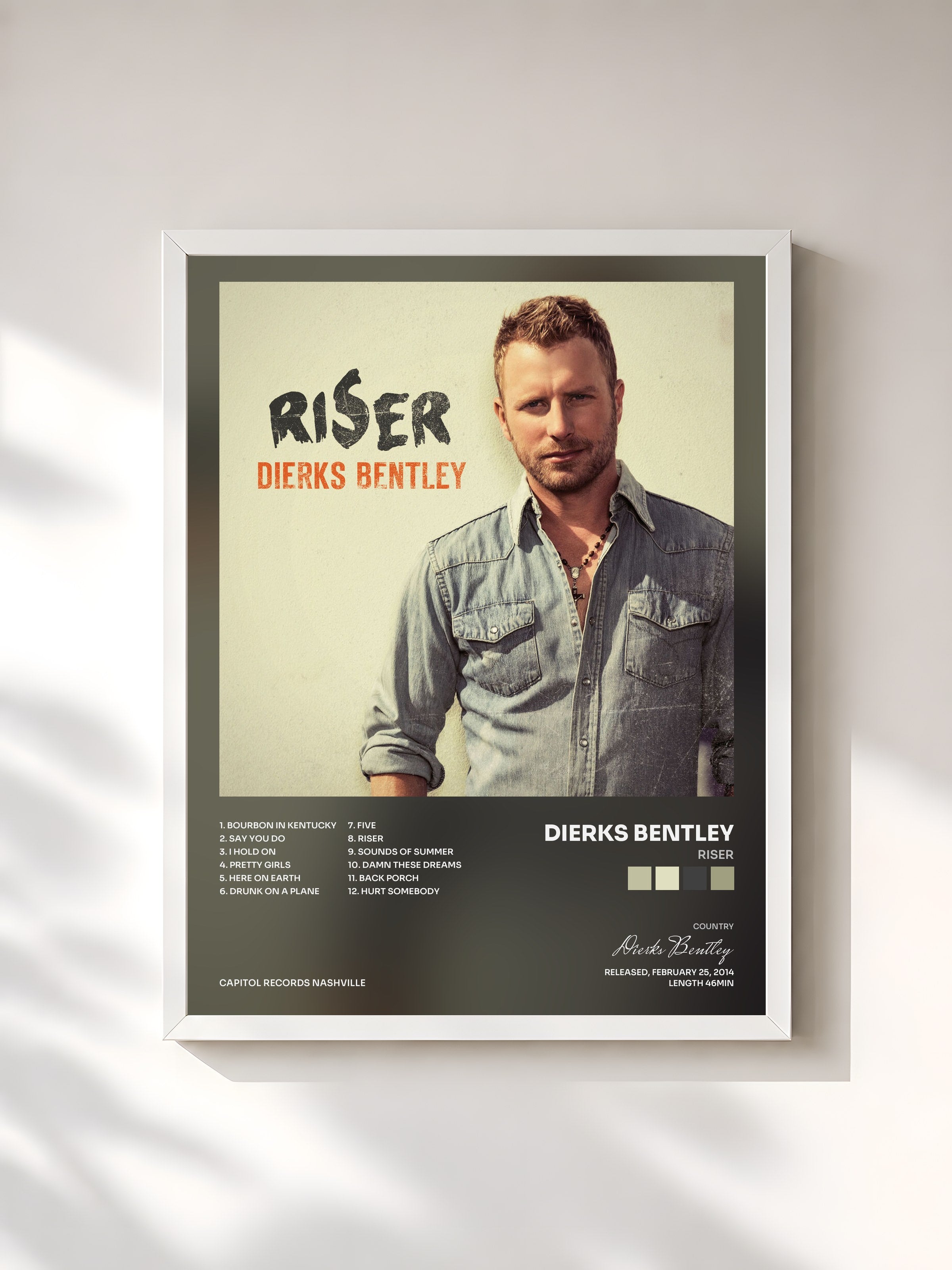 #blanc Tableau de l'album RISER de Dierks Bentley, cadre blanc, imprimé et encadré en France