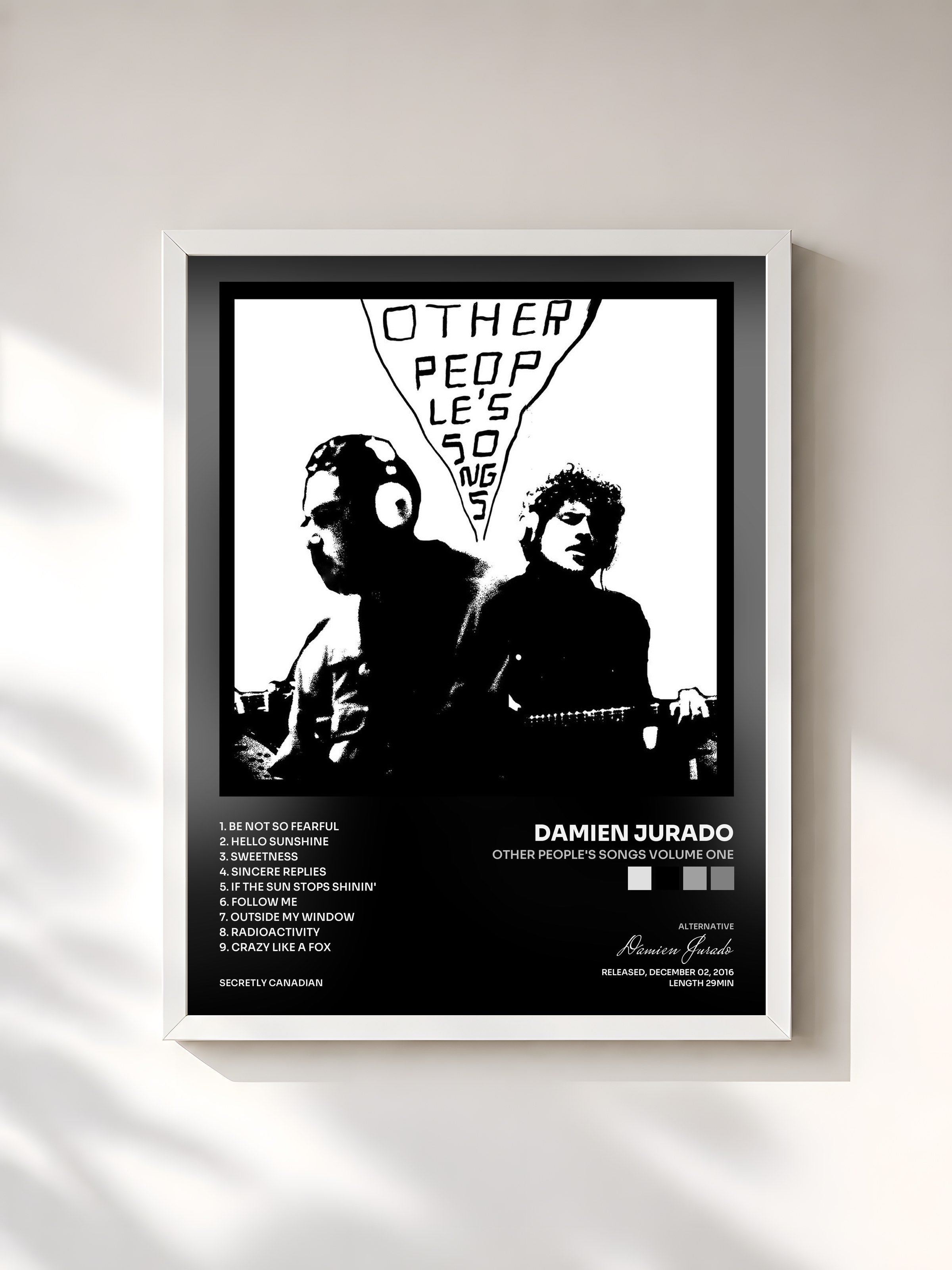 #blanc Tableau de l'album Other People's Songs Volume One de Damien Jurado, cadre blanc, imprimé et encadré en France