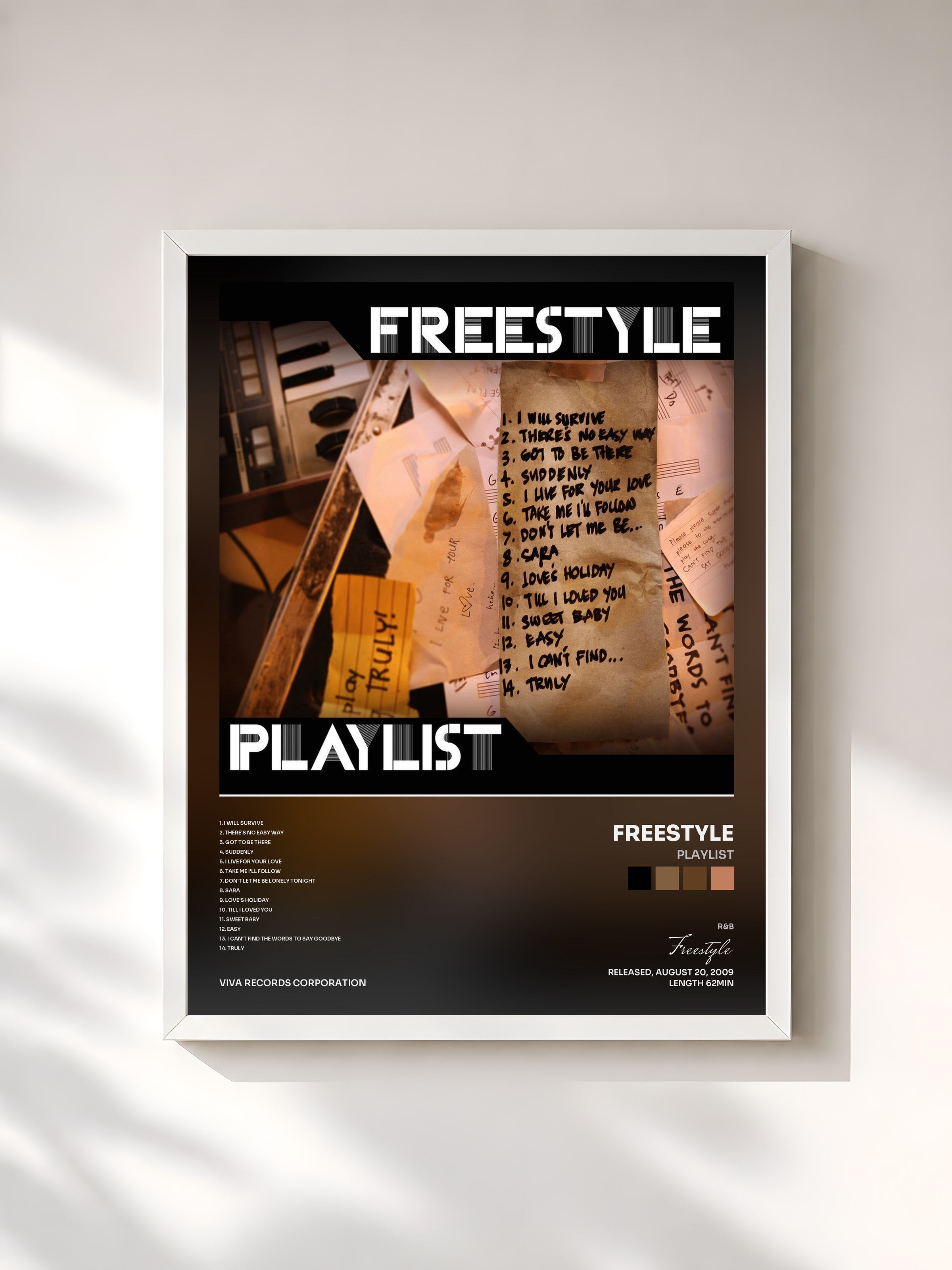 #blanc Tableau de l'album Playlist de Freestyle, cadre blanc, imprimé et encadré en France
