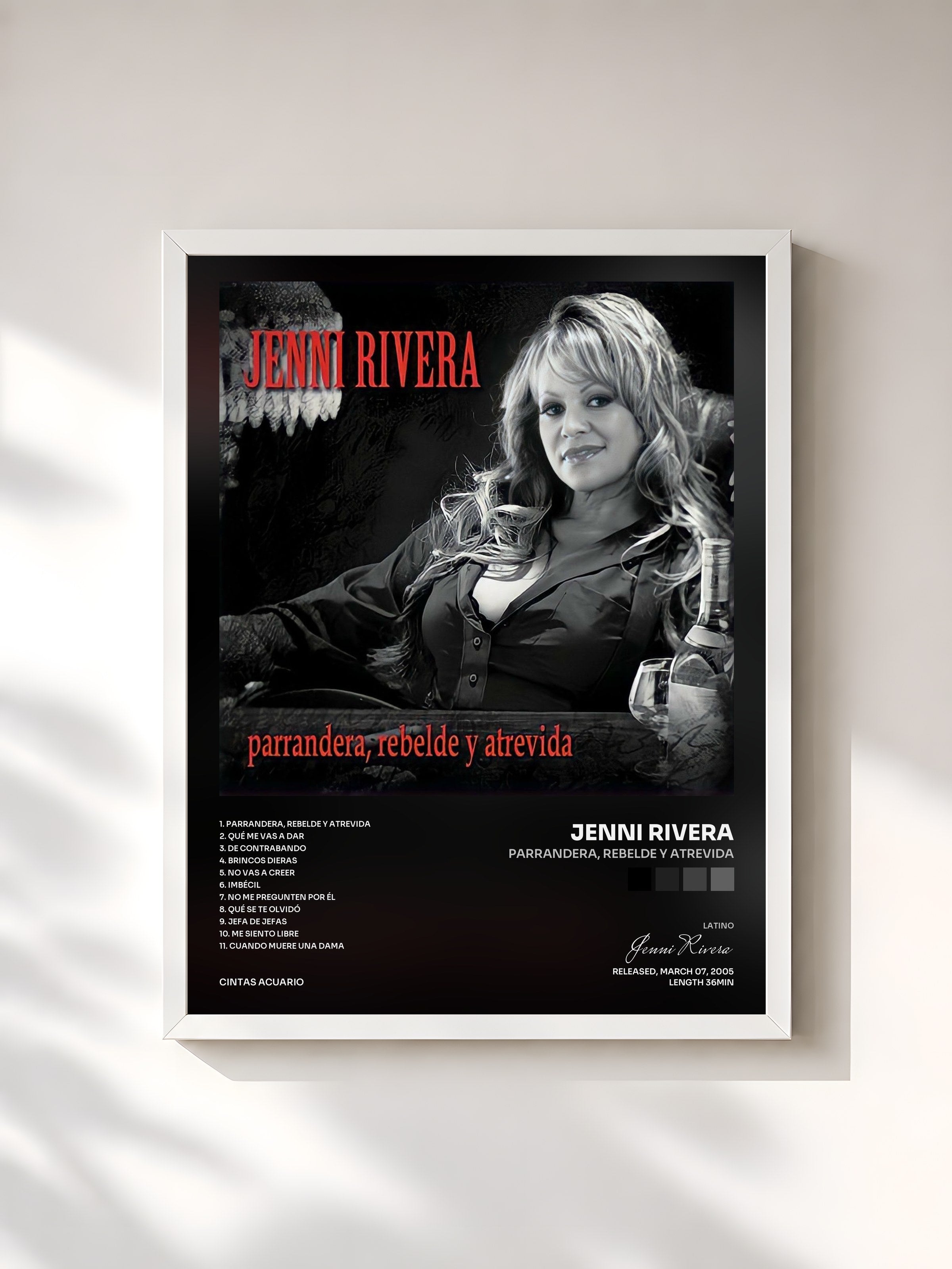 #blanc Tableau de l'album Parrandera, Rebelde y Atrevida de Jenni Rivera, cadre blanc, imprimé et encadré en France