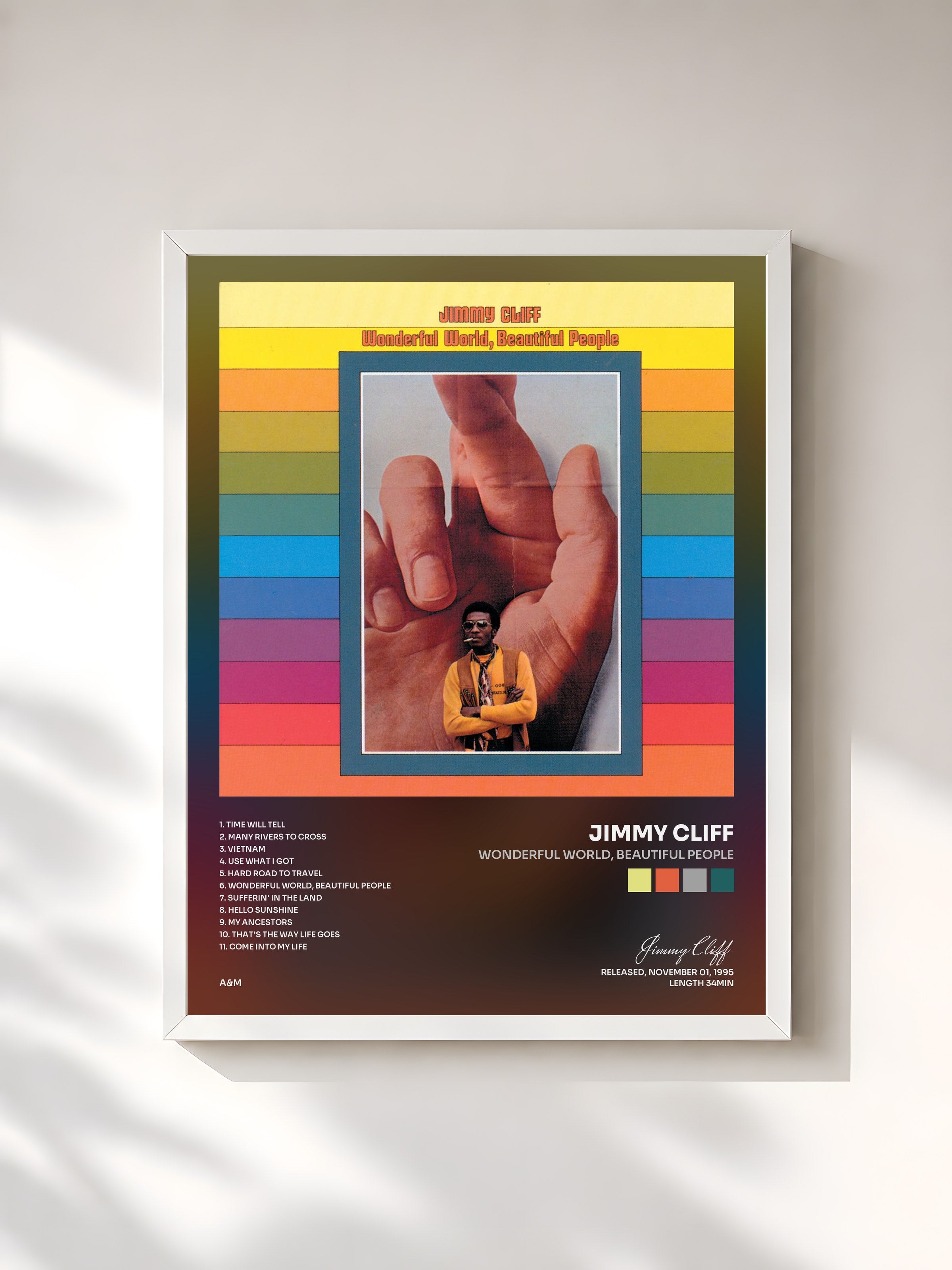 #blanc Tableau de l'album Wonderful World, Beautiful People de Jimmy Cliff, cadre blanc, imprimé et encadré en France