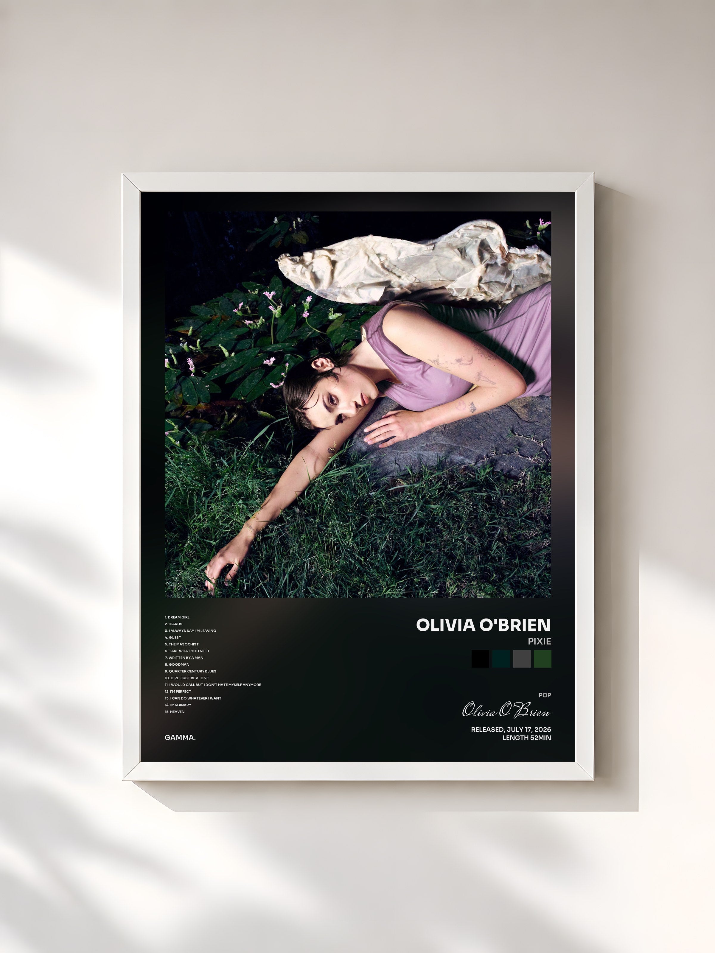 #blanc Tableau de l'album PIXIE de Olivia O'Brien, cadre blanc, imprimé et encadré en France