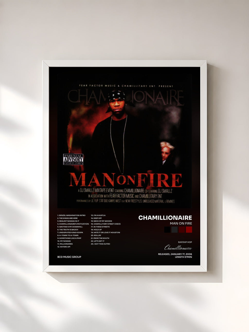#blanc Man On Fire di Chamillionaire in stampa incorniciata, cornice bianca, stampata e incorniciata in Francia