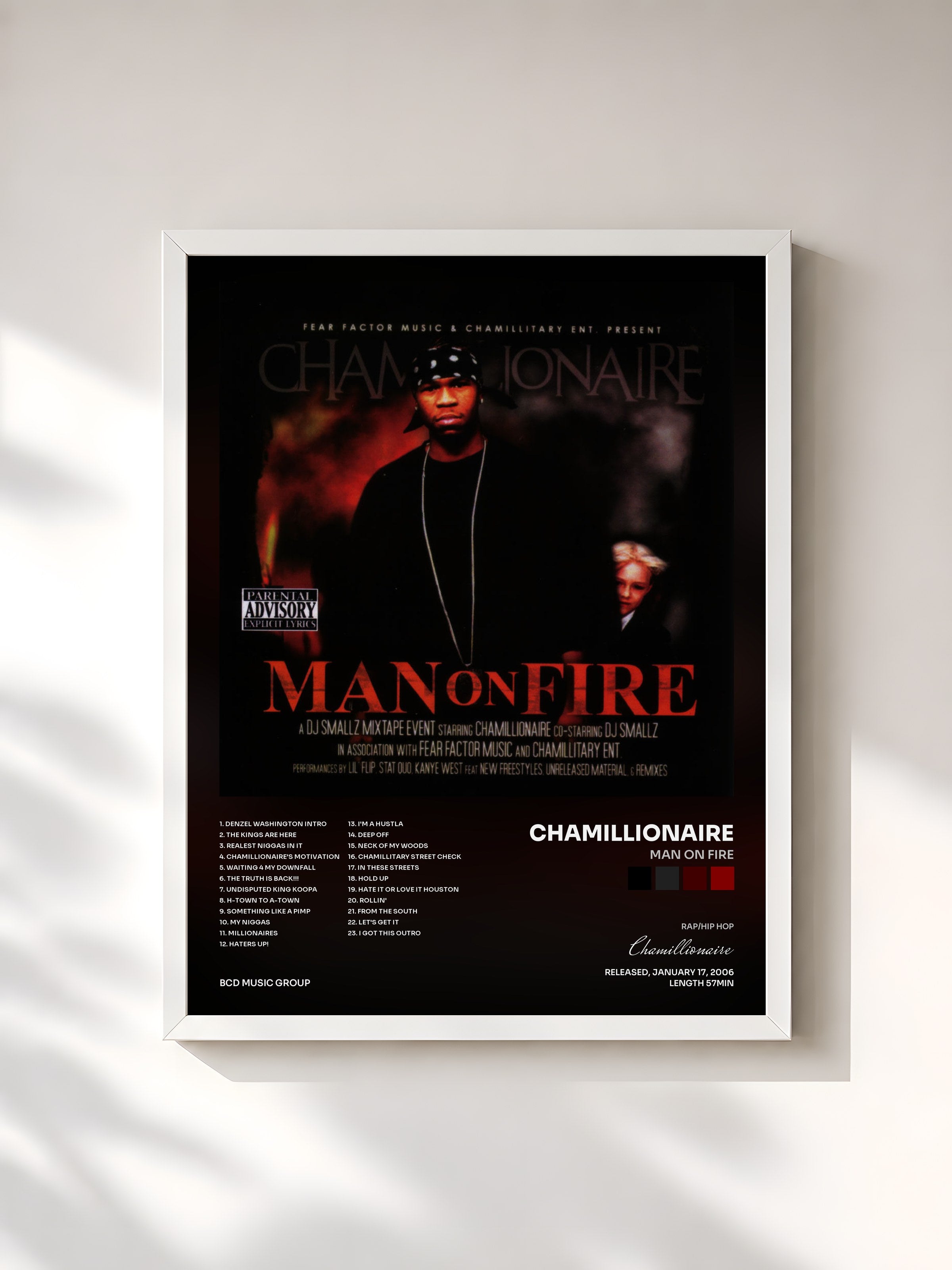 #blanc Tableau de l'album Man On Fire de Chamillionaire, cadre blanc, imprimé et encadré en France
