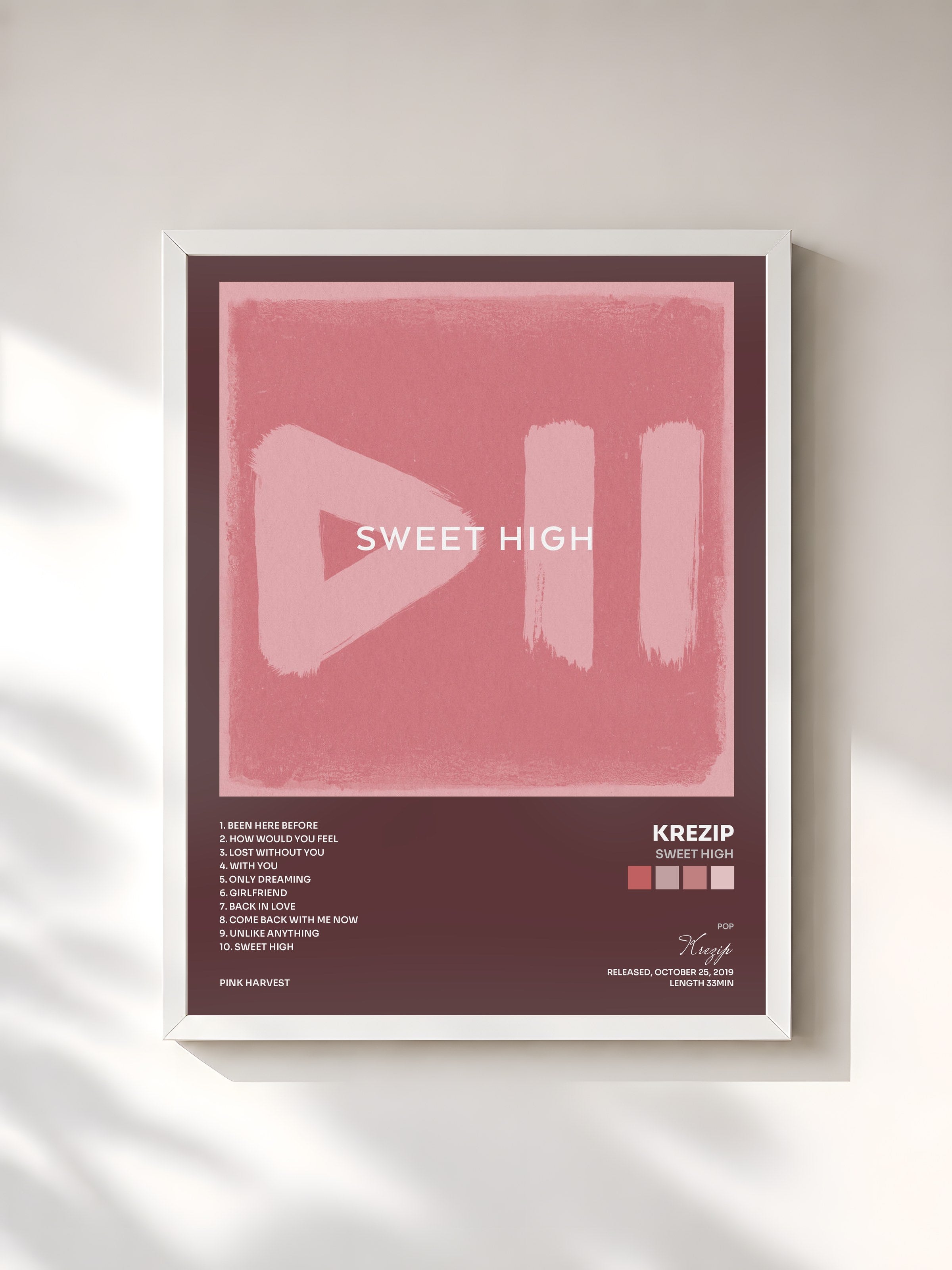 #blanc Tableau de l'album Sweet High de Krezip, cadre blanc, imprimé et encadré en France