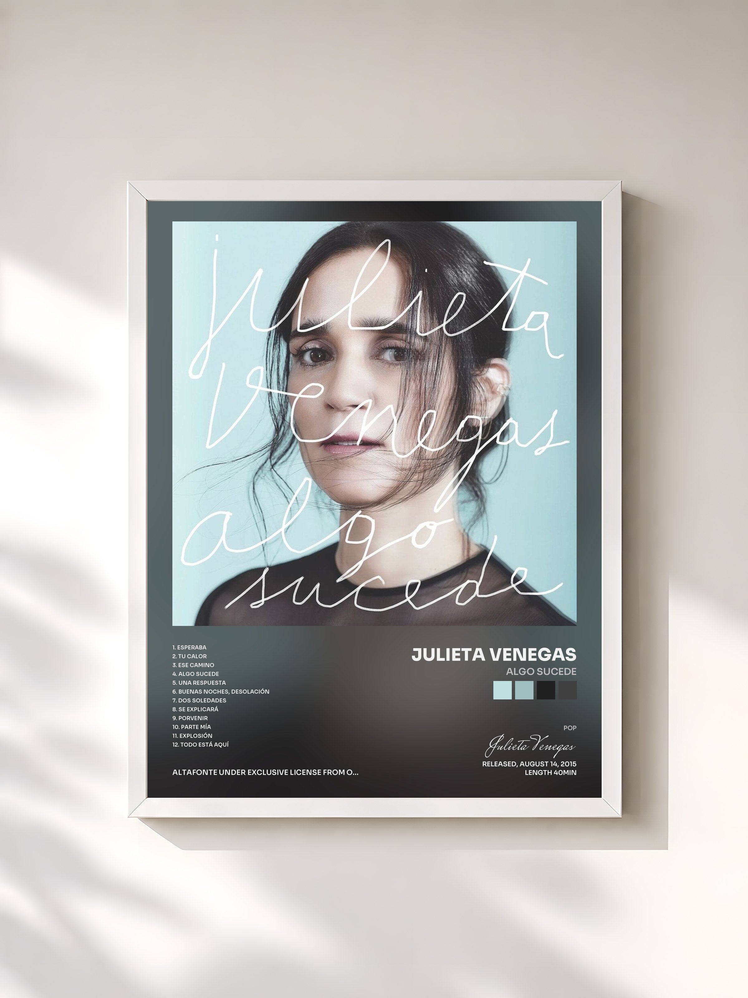 #blanc Tableau de l'album Algo Sucede de Julieta Venegas, cadre blanc, imprimé et encadré en France