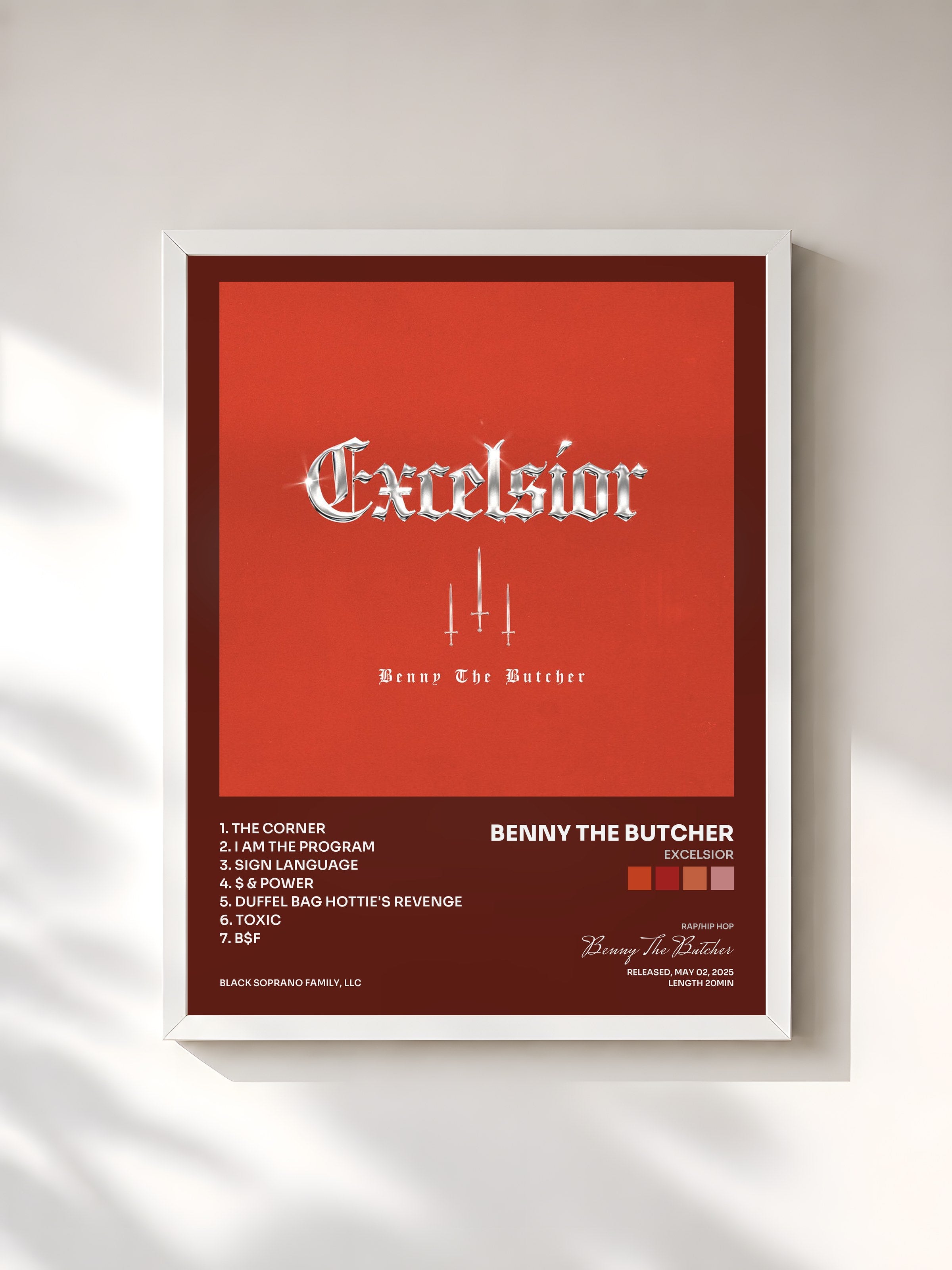#blanc Tableau de l'album Excelsior de Benny The Butcher, cadre blanc, imprimé et encadré en France