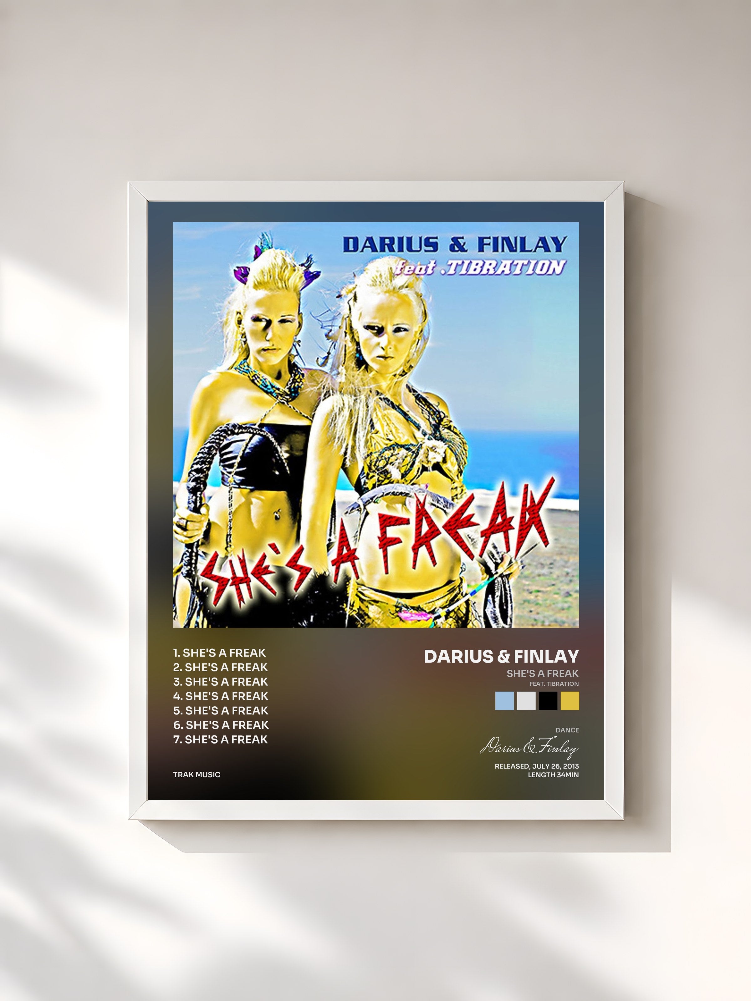 #blanc Tableau de l'album She's a Freak (feat. Tibration) de Darius & Finlay, cadre blanc, imprimé et encadré en France