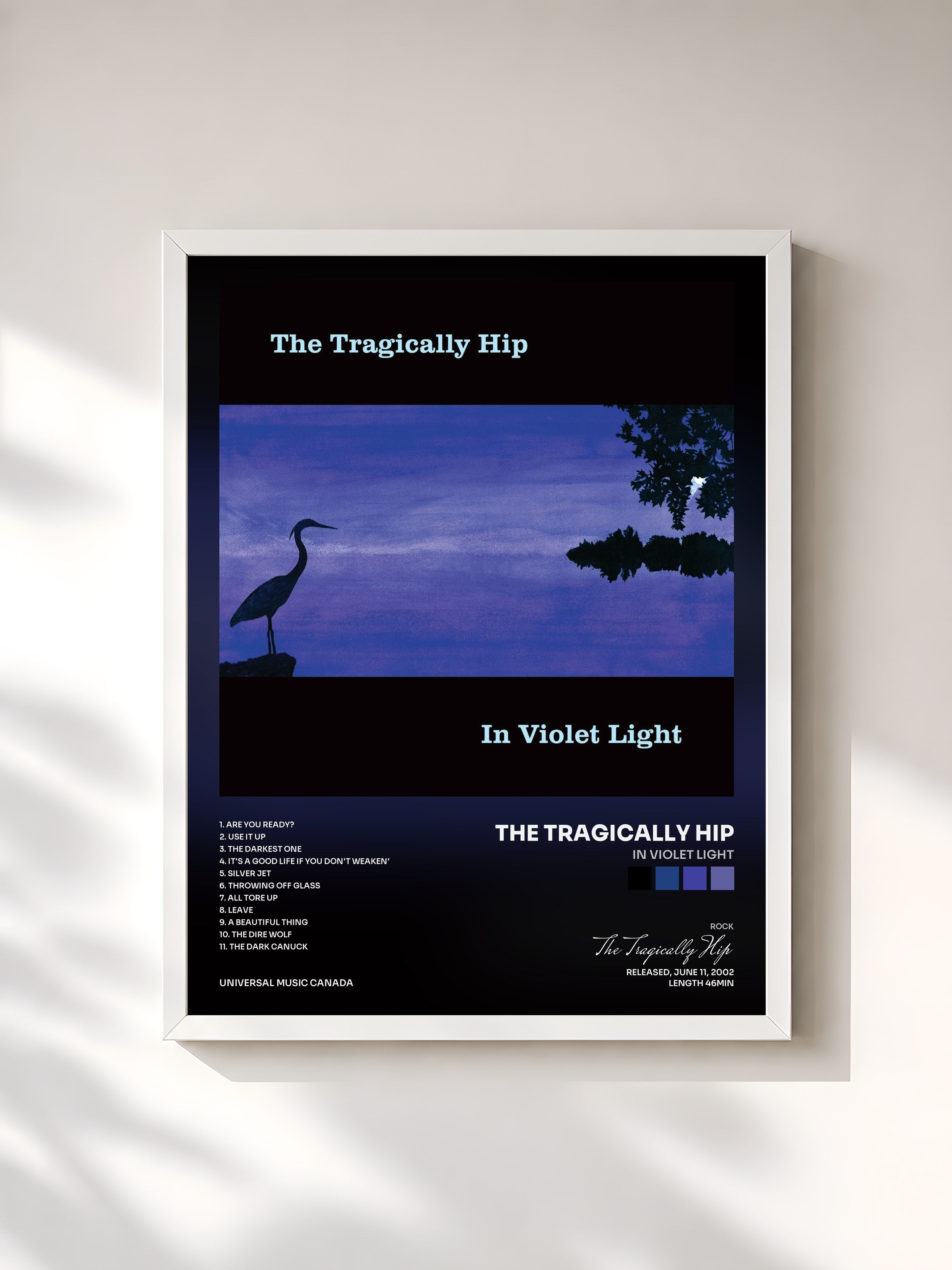 #blanc Tableau de l'album In Violet Light de The Tragically Hip, cadre blanc, imprimé et encadré en France