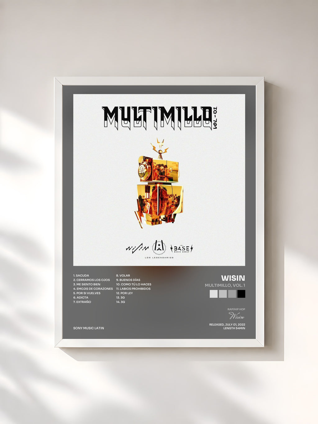 #blanc Tableau de l'album Multimillo, Vol. 1 de Wisin, cadre blanc, imprimé et encadré en France