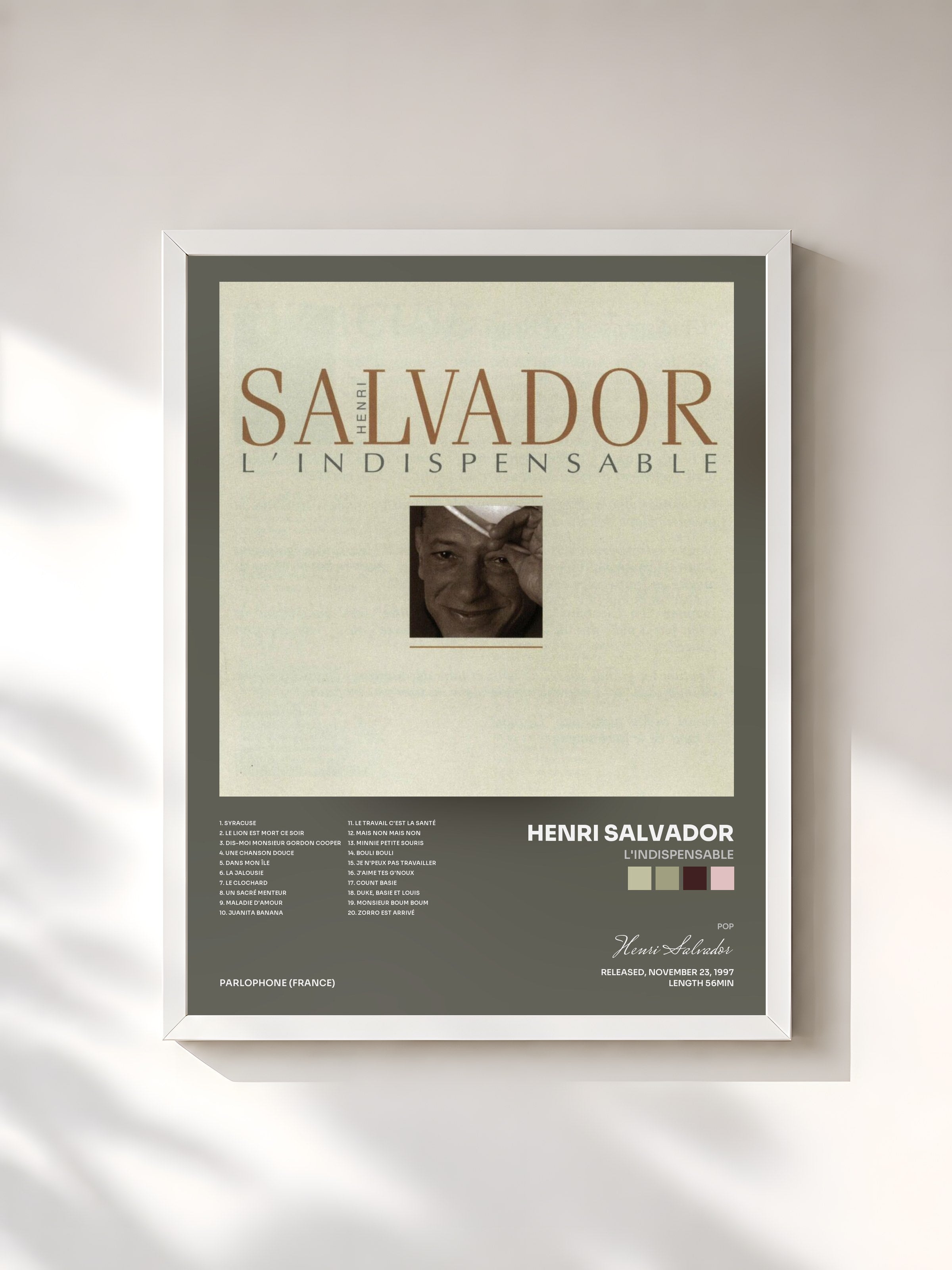 #blanc Tableau de l'album l'indispensable de Henri Salvador, cadre blanc, imprimé et encadré en France
