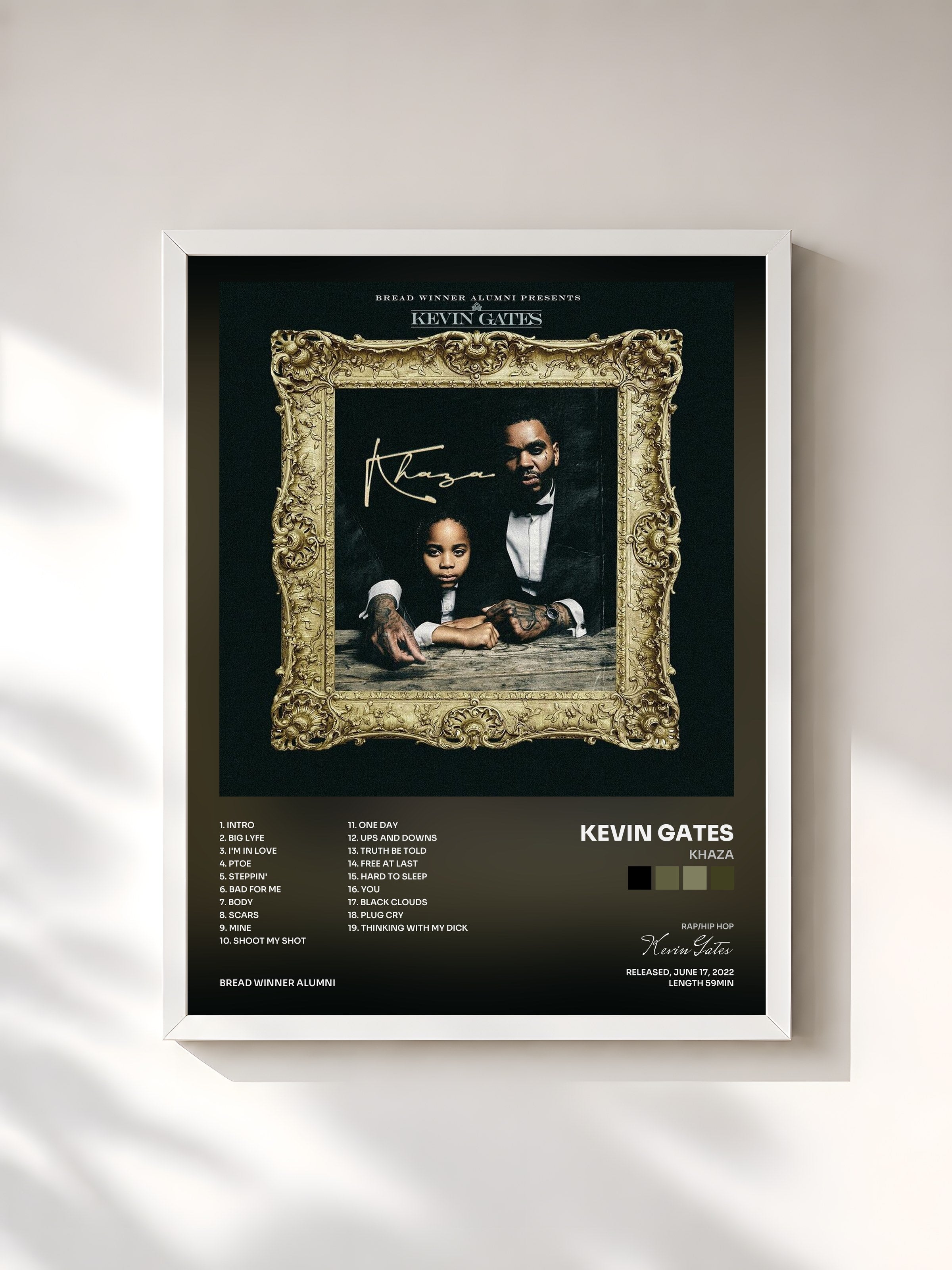 #blanc Tableau de l'album Khaza de Kevin Gates, cadre blanc, imprimé et encadré en France