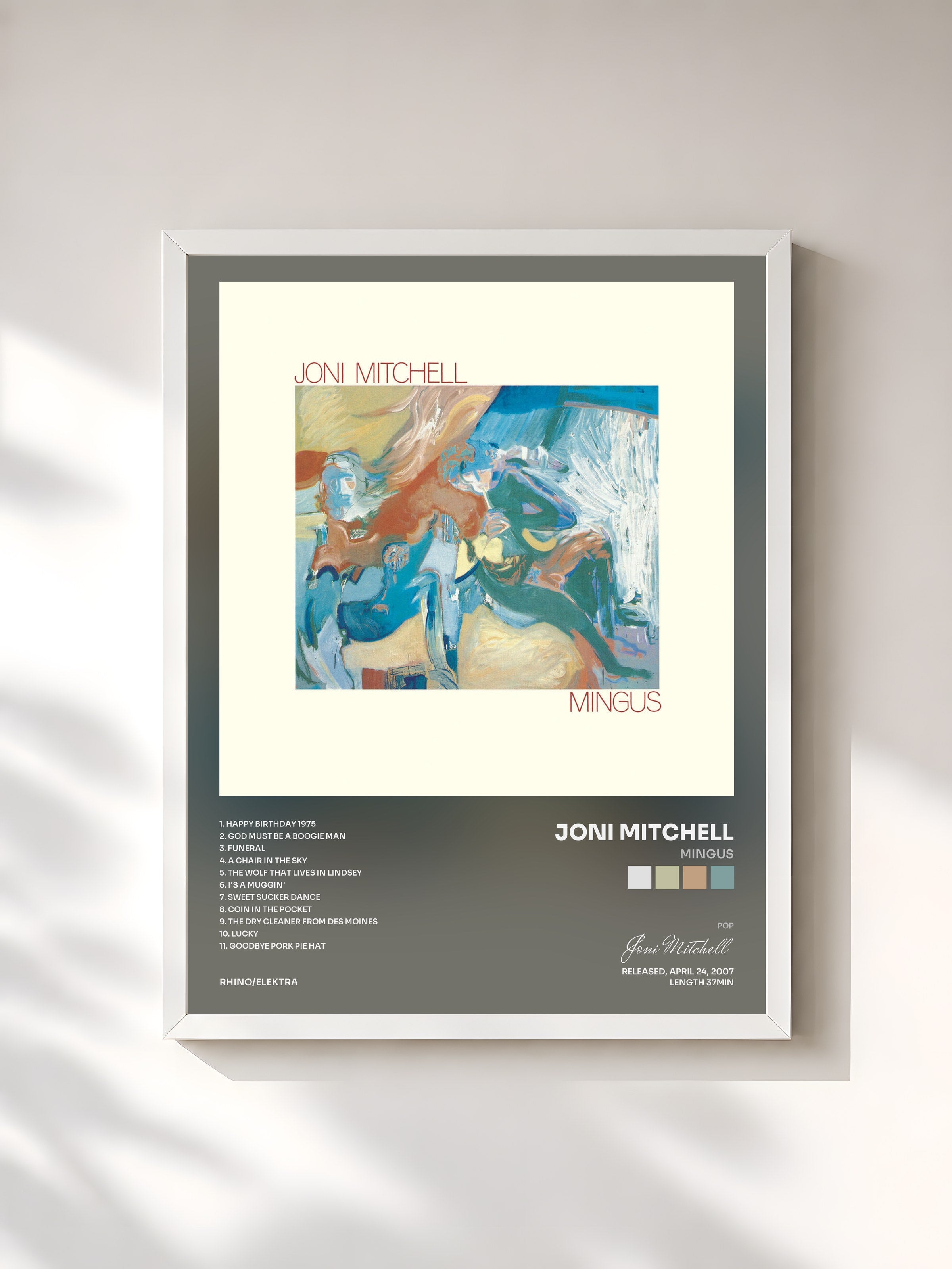 #blanc Tableau de l'album Mingus de Joni Mitchell, cadre blanc, imprimé et encadré en France